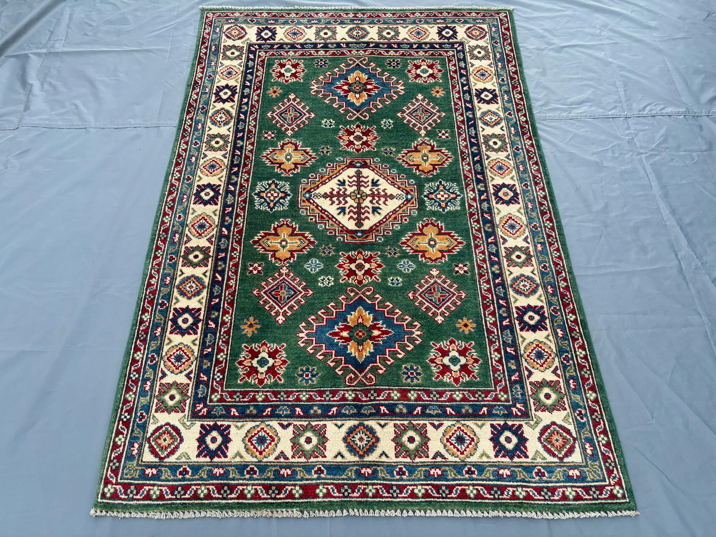 4 × 6 Afghan Hand-Knotted Modern Soft Wool Rug One-of-a-Kind Oushak Design Green Tribal Floral Rug Boho Living Decor | Bedroom & Kitchen rug