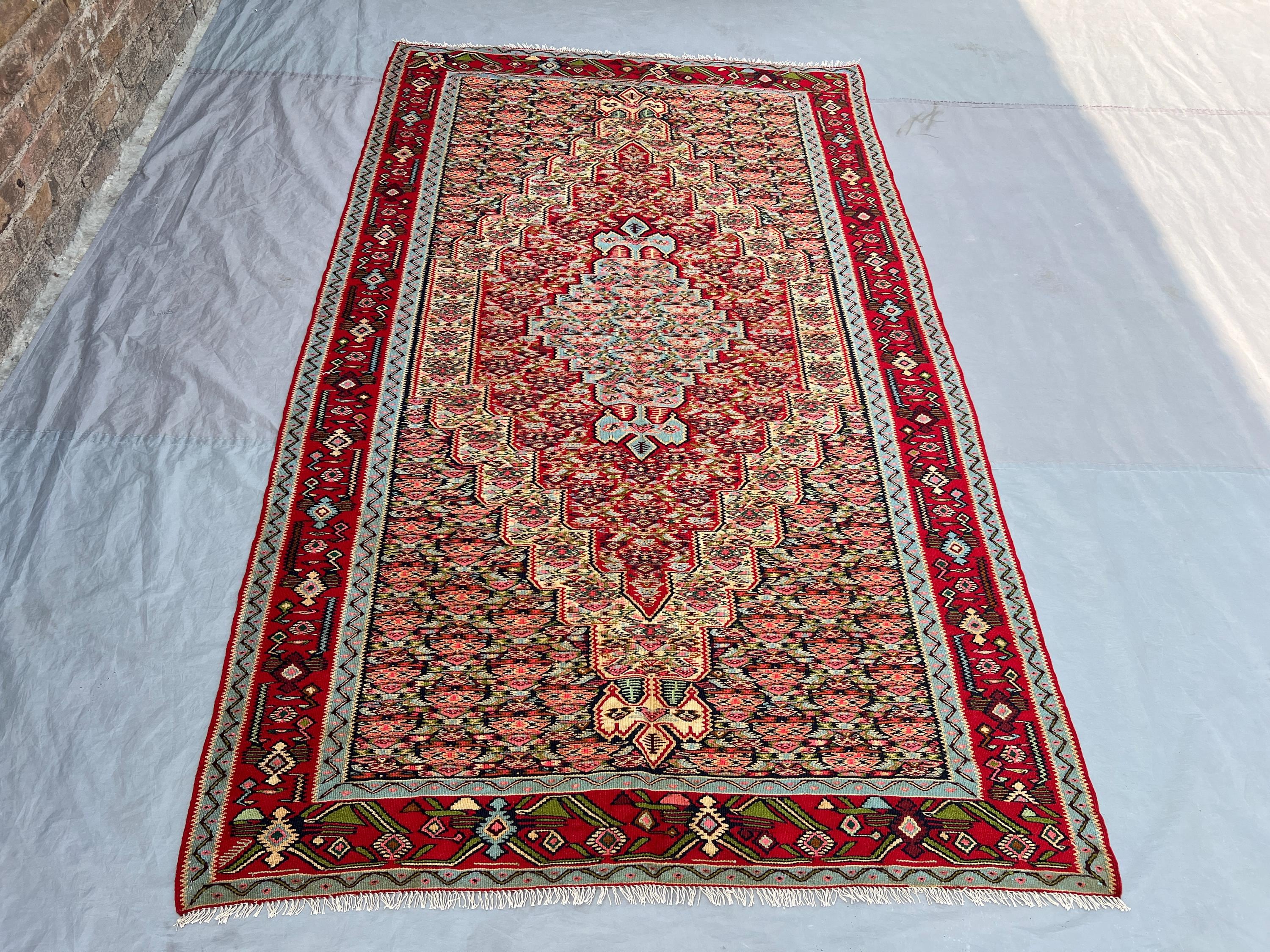 4'10x8'3 Ft Vintage Afghan Kilim Handwoven Wool Flatweave Stepped Diamond Medallion Coral Pink Red Olive Multicolor Area Rug | Living Room