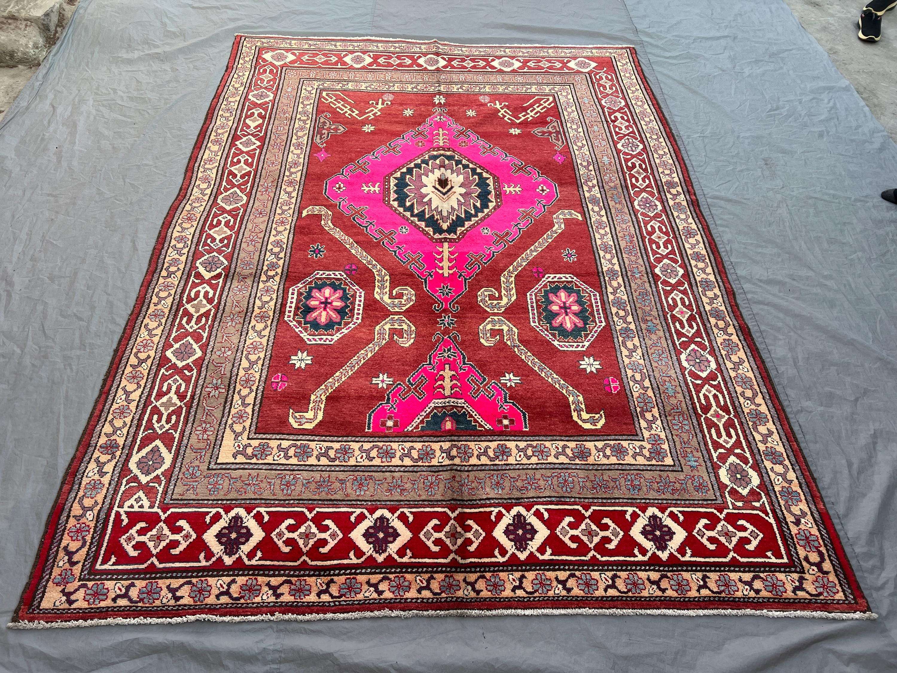 6'8x9'4 Ft Vintage Afghan Kazak Style Handknotted Soft Pile Rug, Single Medallion Magenta Red Gold Wool | Living Room Statement Decor