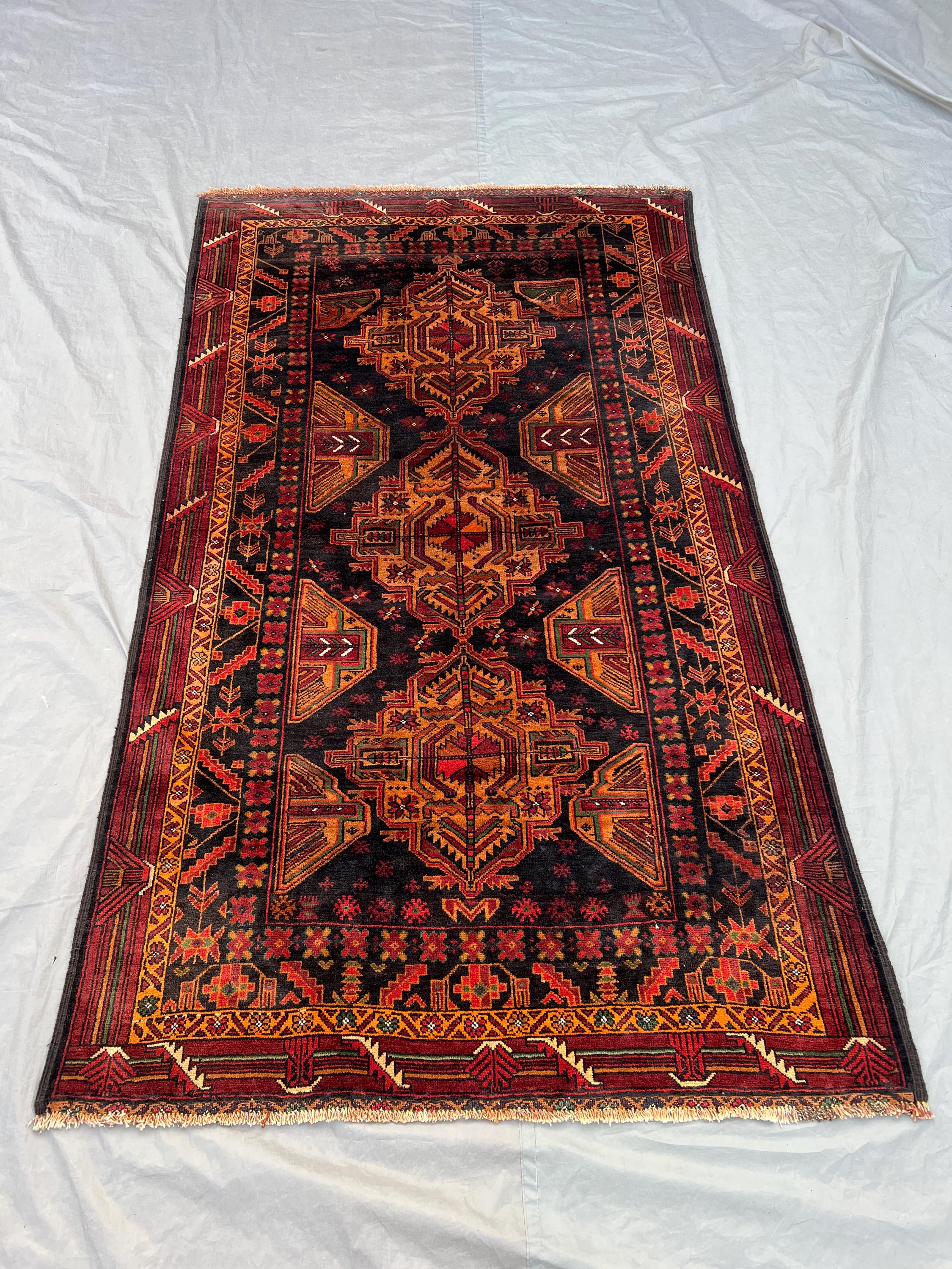 4'2x6'11 Ft Vintage Afghan Hand Knotted Wool Pile Rug Dark Black Gold Triple Geometric Medallion Pattern | Bold Living Room Bedroom