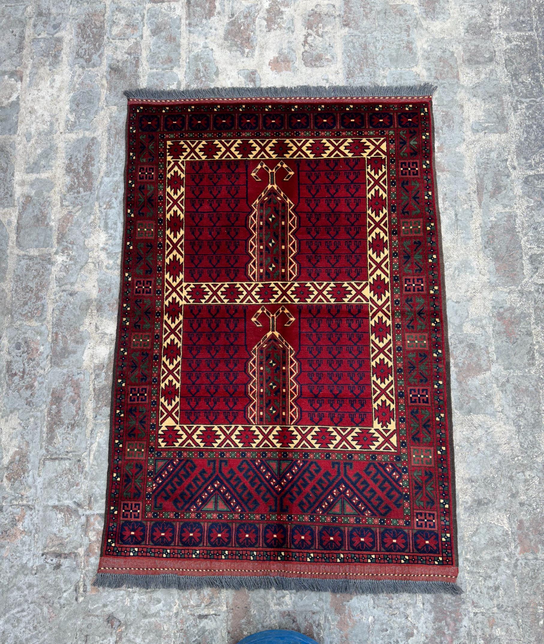 Afghan Turkmen Handmade Wool Rug 3'5x5'2 ft | Ensi Parda Design Wall Hanging | Tribal Geometric Area Carpet, Living Room Rug, Kids Rug