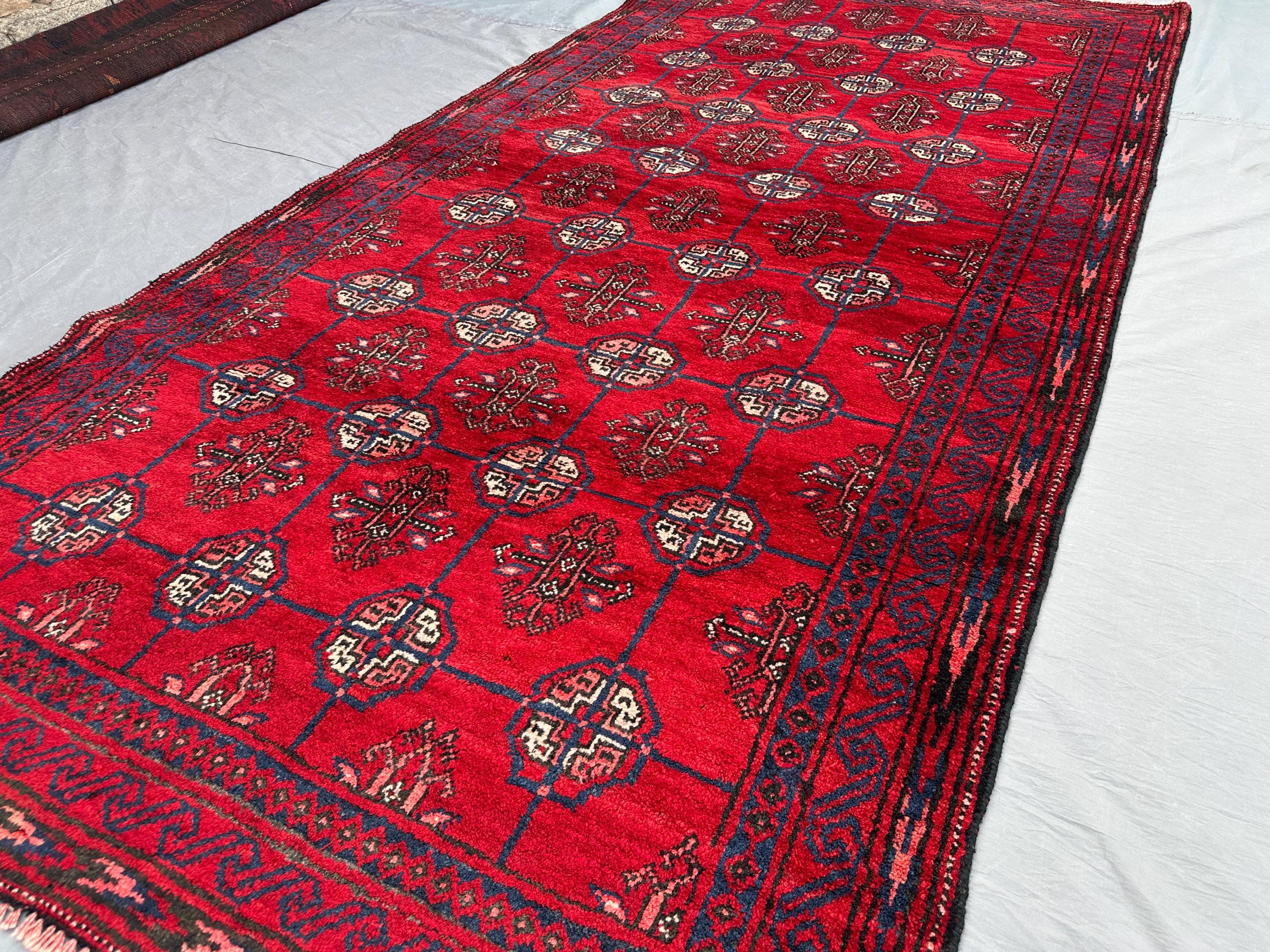 3'7 x 7'1 ft Afghan Tribal Rug, Hand-Knotted Wool Carpet | Traditional Red Geometric Pattern | Vintage Nomadic Hallway Area Rug, Kitchen rug