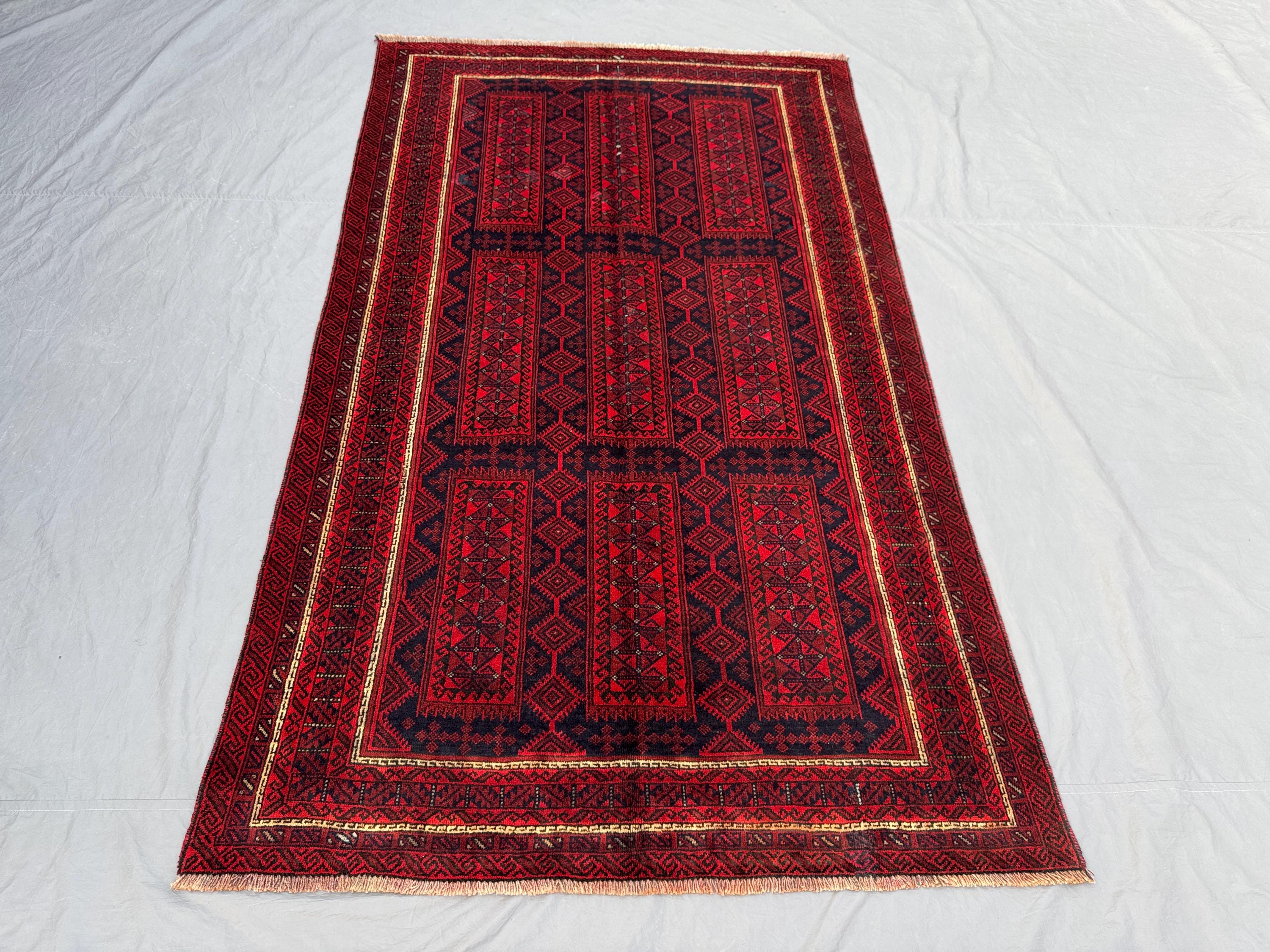 Afghan Hand Knotted Rug 5 x 8 ft Vintage Soft Pile Turkoman Ersari Design One of a Kind Large Area Rug Tribal Red & Blue Decor