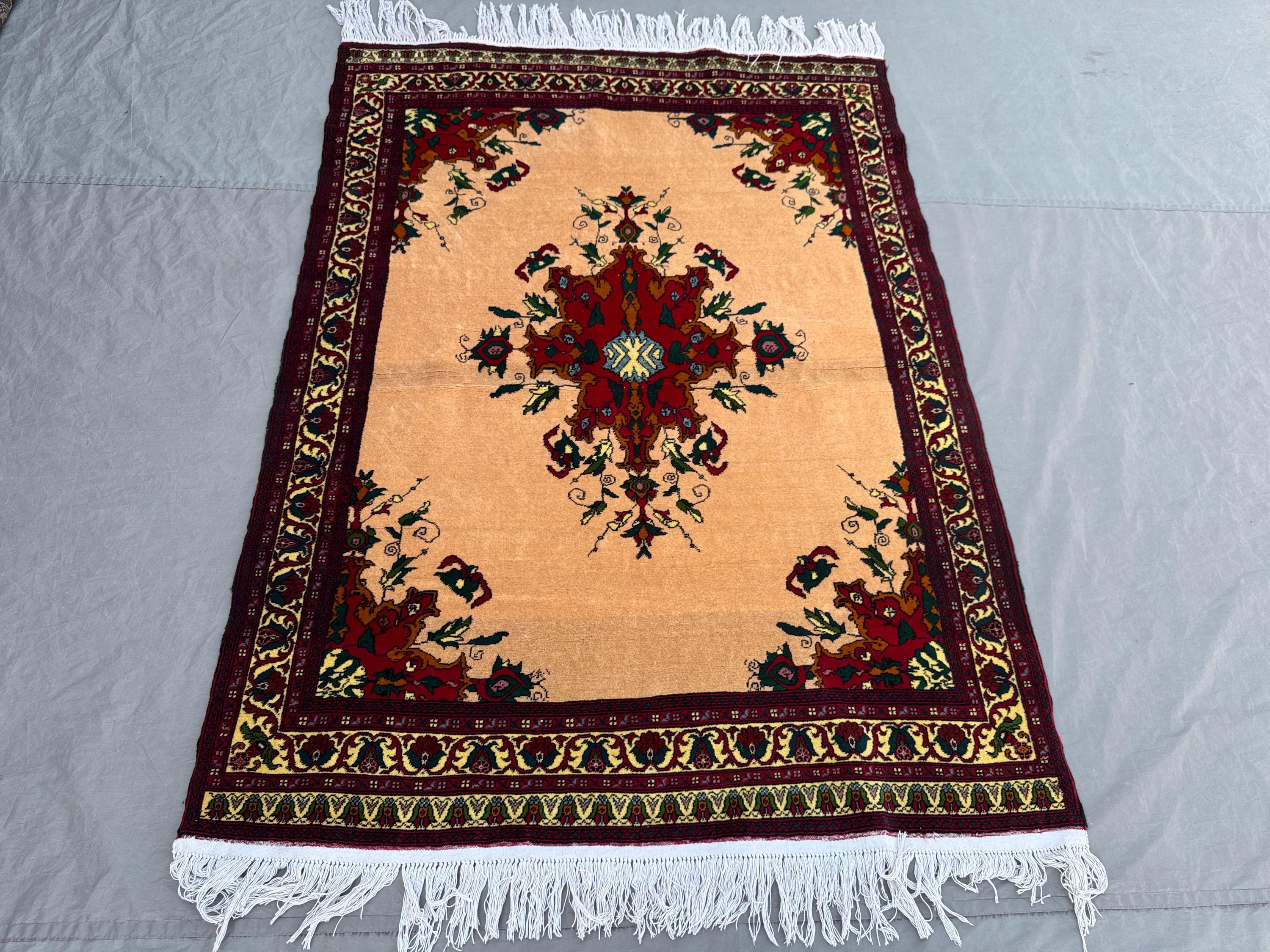 Beige 4'5 x 5'11 ft Vintage Afghan Hand Knotted Rug, Floral Medallion Turkish Inspired Tribal Wool Area Rug for Living Room Bedroom Hallway