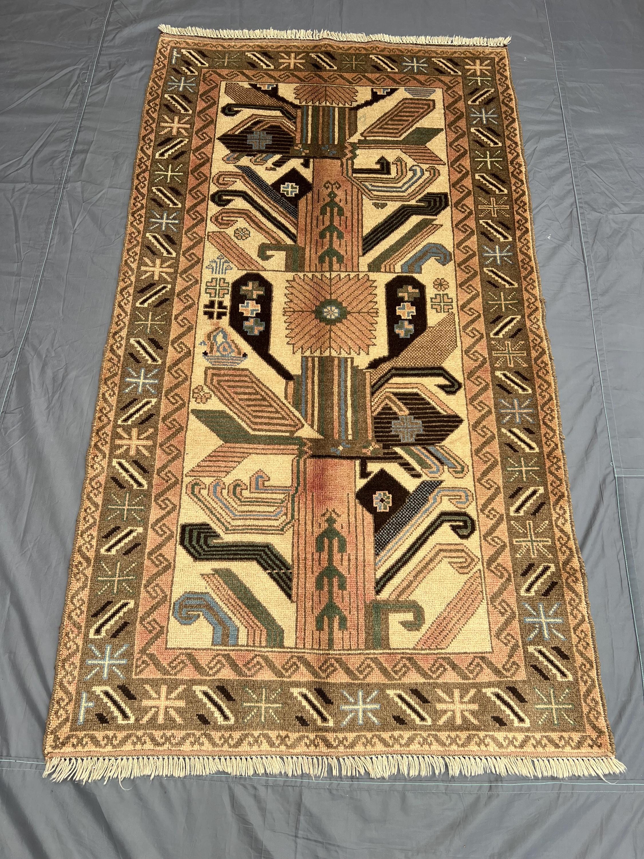 Vintage Afghan Tribal Rug 3.7x6.7 ft Handwoven Wool Geometric Pattern Carpet, Beige Brown Blue Boho Nomadic Rug, Farmhouse Living Room Decor