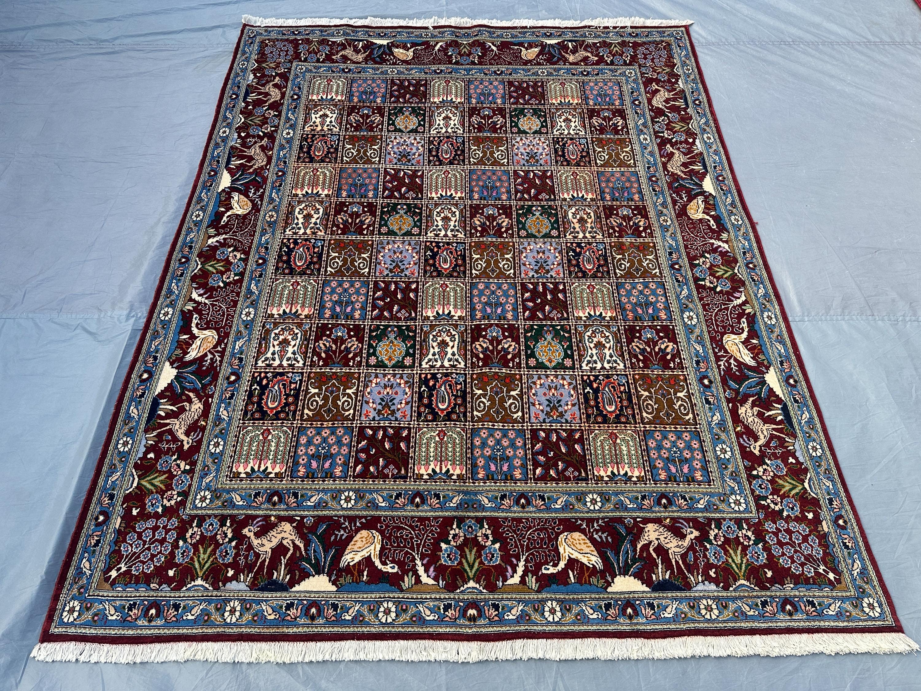Turkish Pictorial Rug, 6'6x8'4 ft Maroon Blue Ivory Wool Carpet | Hand Knotted Tribal Bedroom Rug | Caucasian Animal Motif Living Room Decor
