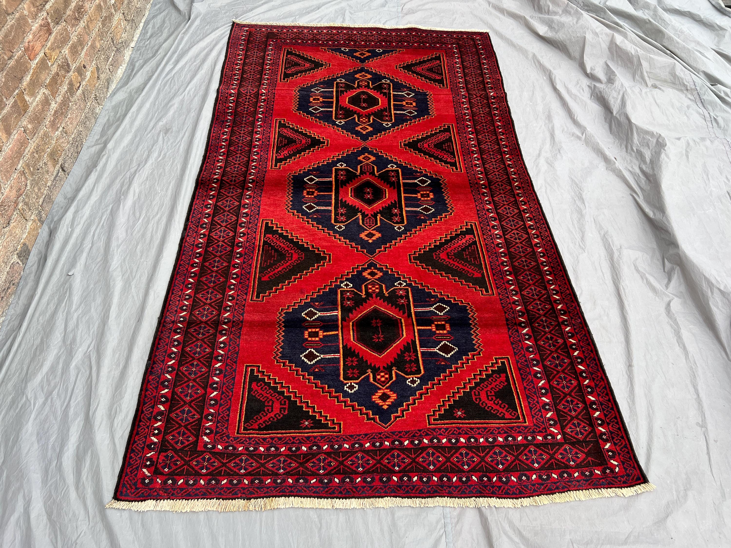 4'9x8'5 ft Vintage Afghan Baluch Runner Rug | Hand-Knotted Wool Carpet | Tribal Geometric Red Area Decor | Boho Hallway Accent | Kitchen Rug
