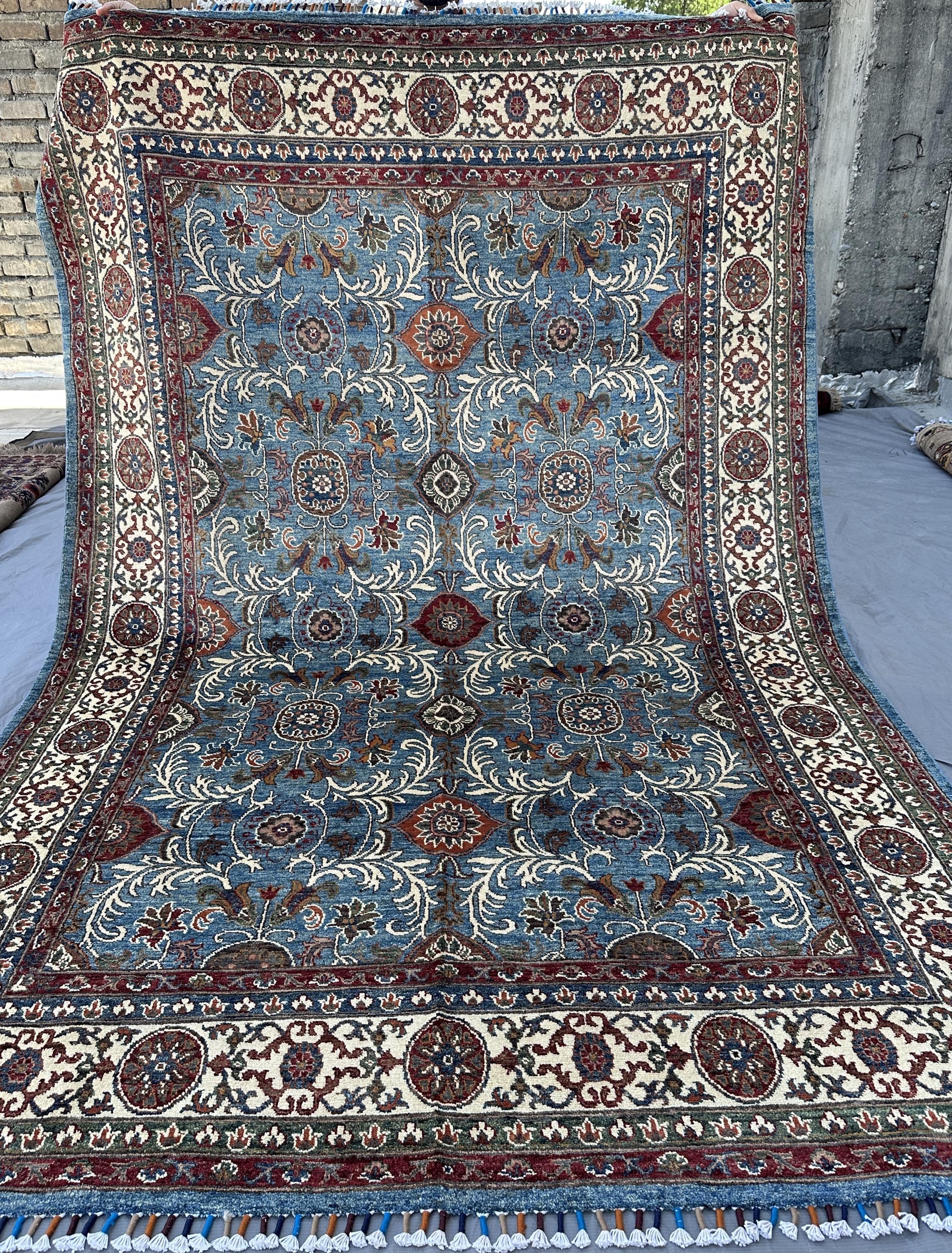 7x10 Blue Wool Chobi Rug, Hand Knotted Arabesque Carpet, Afghan Ziegler Floral Area Rug Living Room Rug