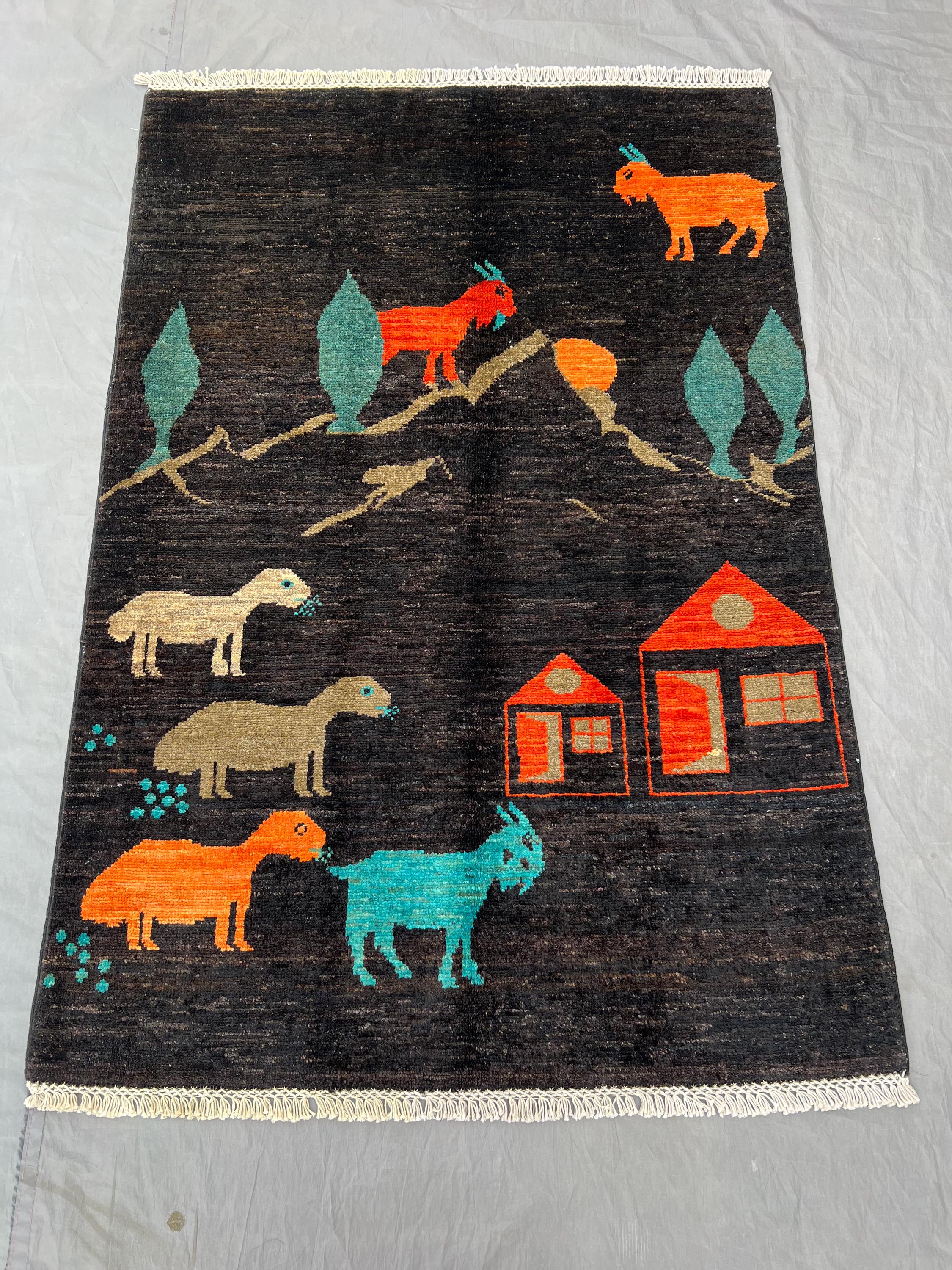 Afghan Hand-Knotted Modern Soft Pile Rug | 3 x 5 ft (105 x 125 cm) | One-of-a-Kind Pictorial Animal Print Gabbah Berber Design