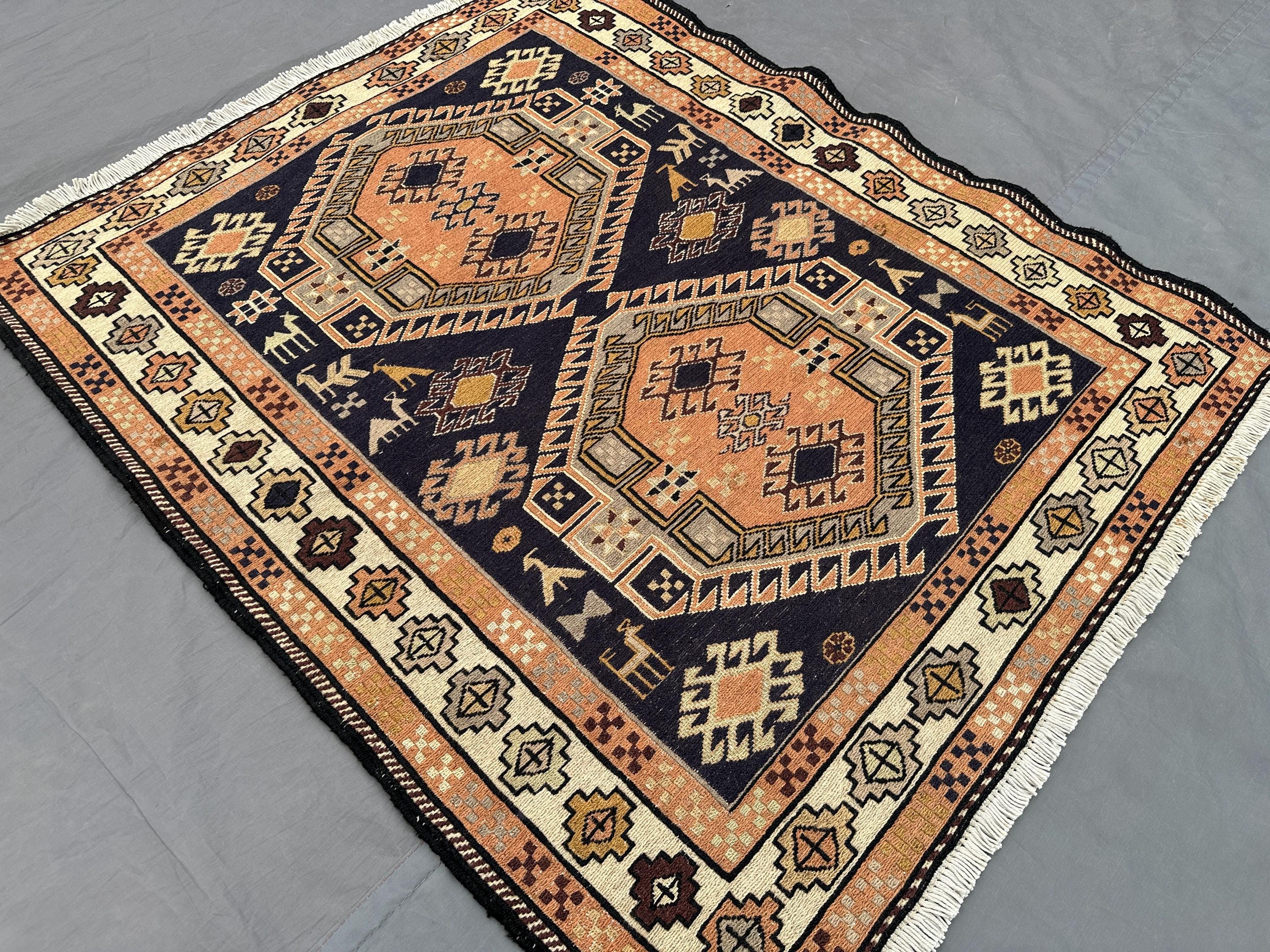 3'2x3'8 ft Afghan Sumak Rug | Vintage Tribal Wool Accent Carpet | Handwoven Silky Small Area Mat | Ethnic Laundry Room Decor, Turkish rug