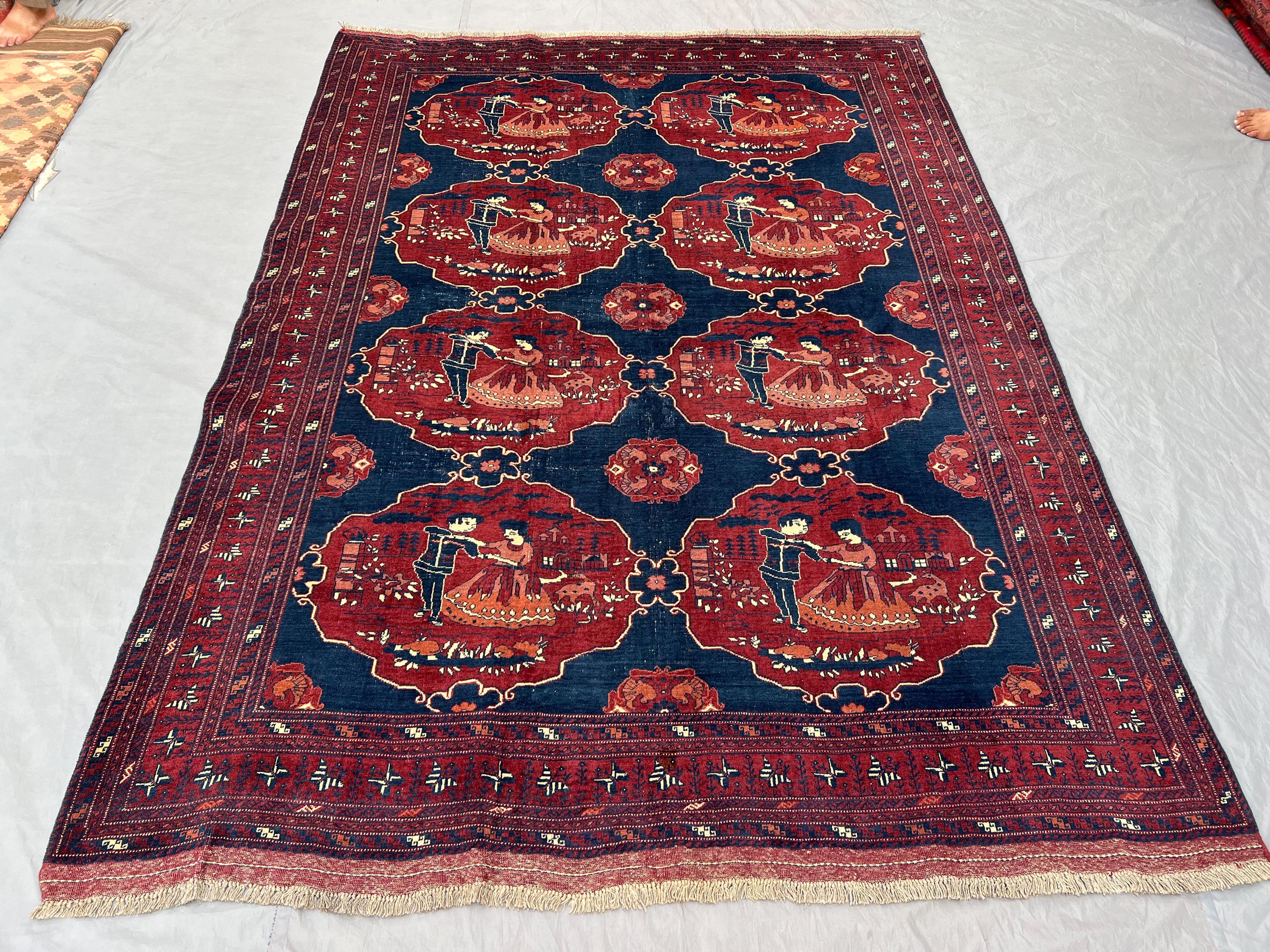 6'6 x 8'11 ft Afghan Hand-Knotted Vintage Balochi Rug, Rare Soft Pile, One-of-a-Kind Pictorial Design with Man & Animal Print