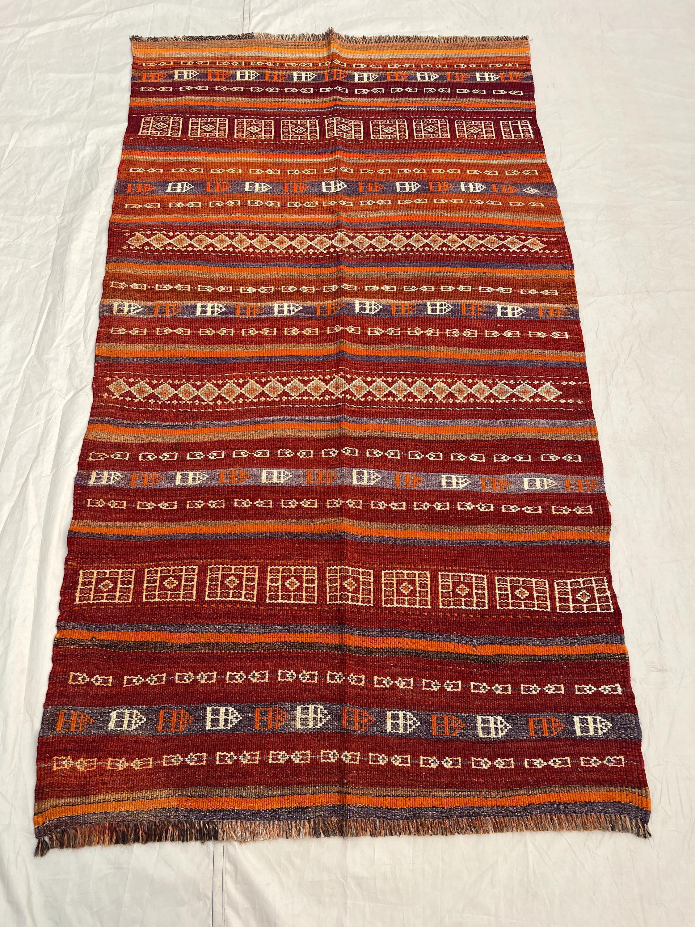 3'7x6'6 Ft Vintage Afghan Kilim Handwoven Wool Flatweave All-Over Embroidered Stripe Diamond Arrow Deep Red Orange Lavender Area Rug