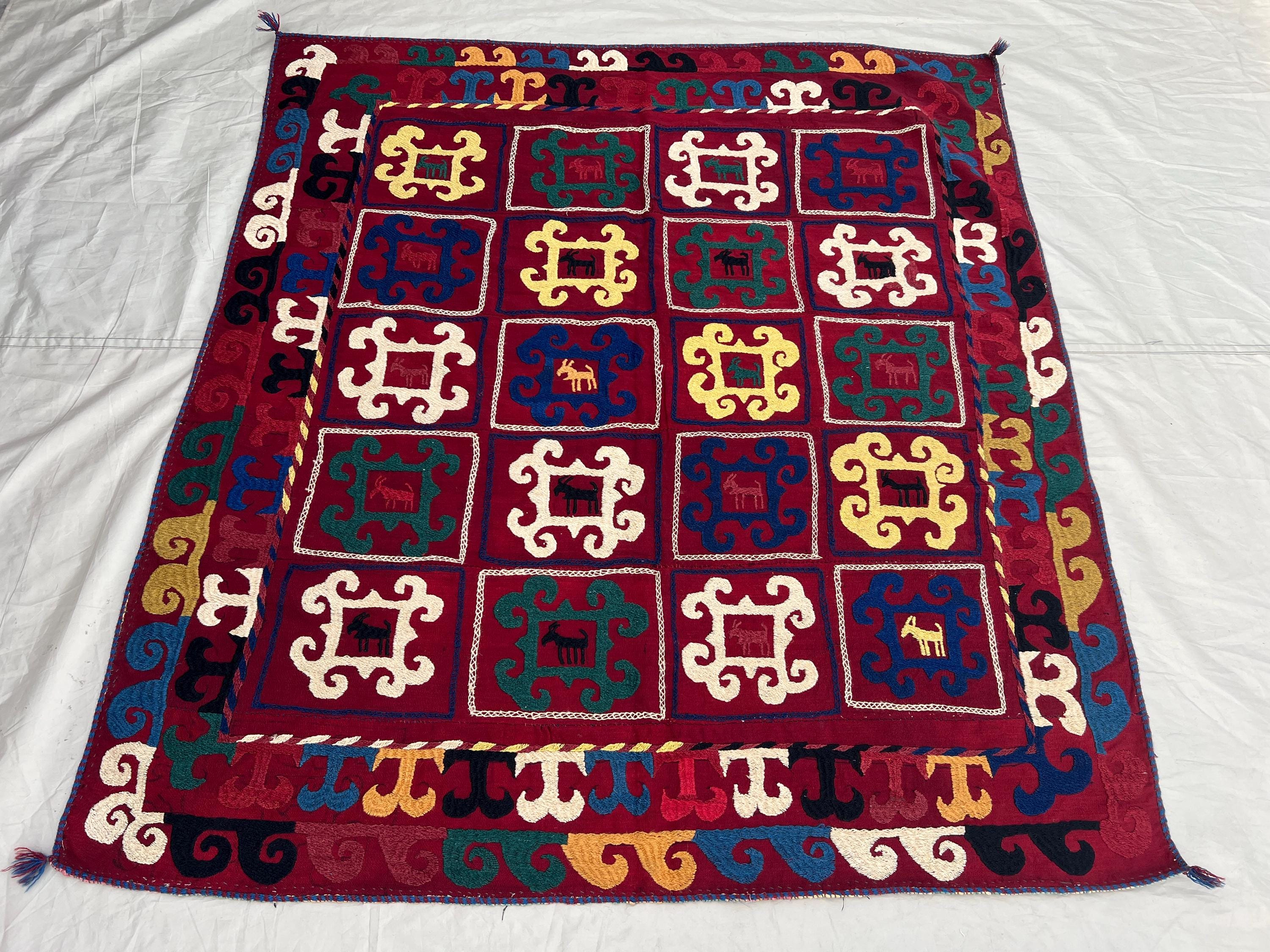 4'11x5'6 Ft Vintage Afghan Suzani Flatweave Textile Burgundy Folk Animal Grid Scroll Handmade Wool | Living Room Wall Hanging Boho Decor