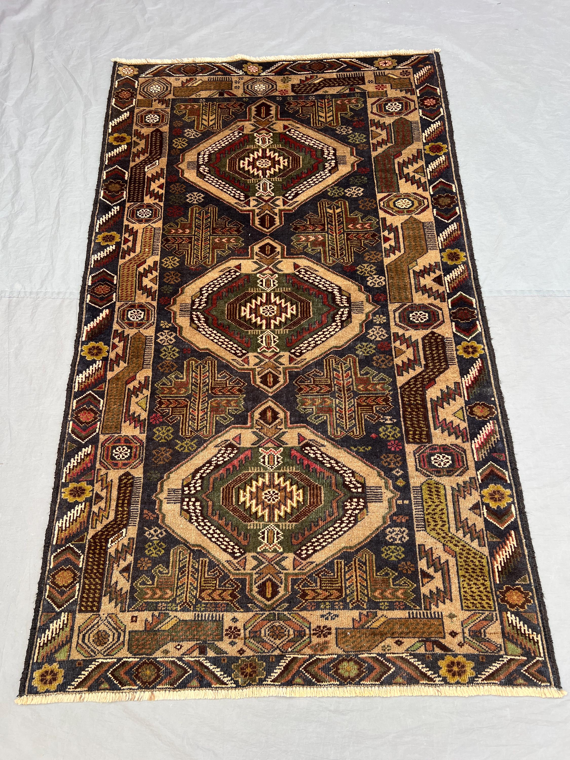 3'7x6 ft Vintage Afghan Pile Rug | Handknotted Tribal Triple Medallion | Dark Navy & Warm Camel Wool | Area Rug Living Room Bedroom