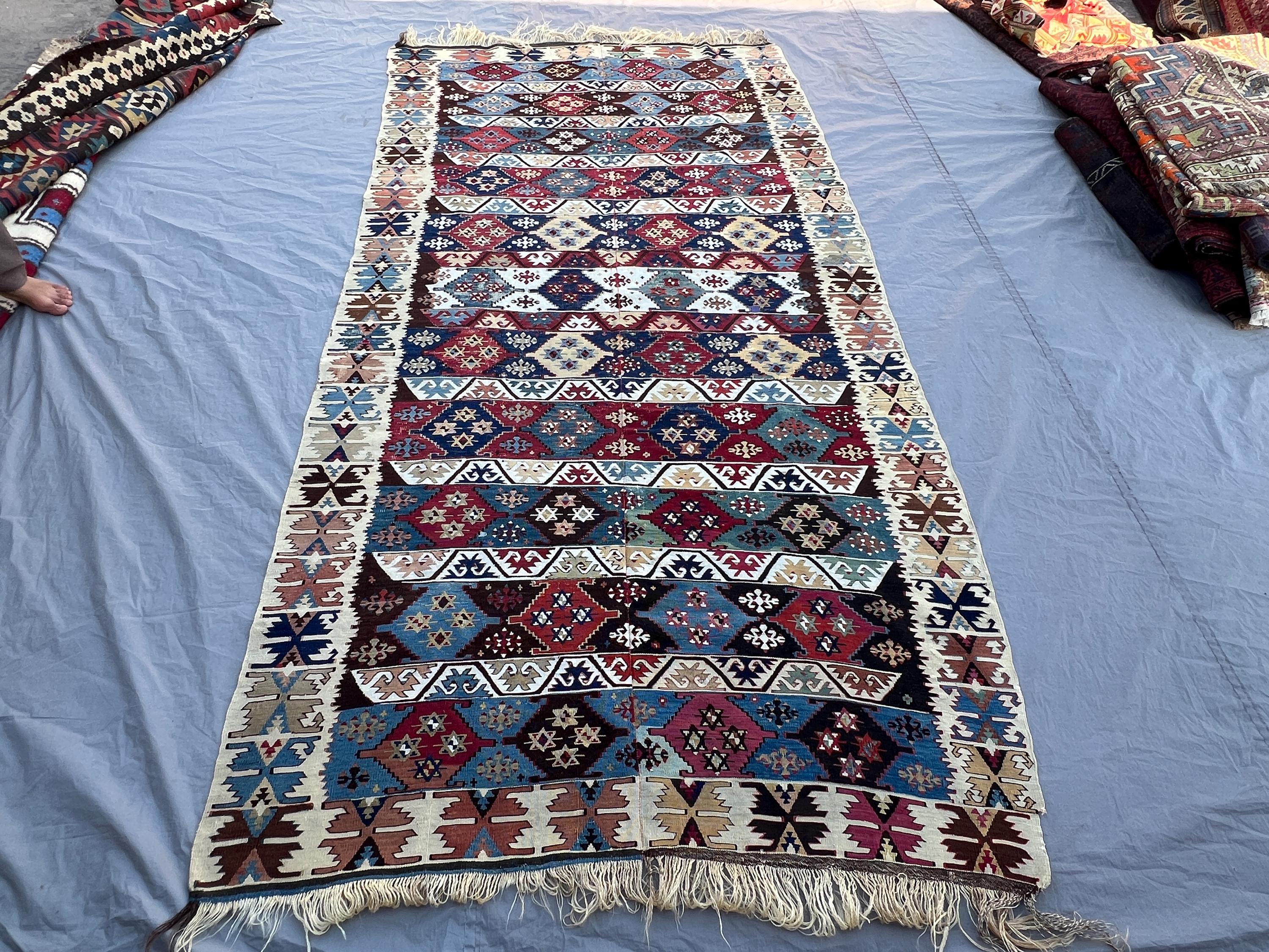 4'1x9'10 ft Vintage Afghan Kilim Rug | Handwoven Tribal Striped Diamond Row | Multicolor Flatweave | Area Rug Living Room Dining Room
