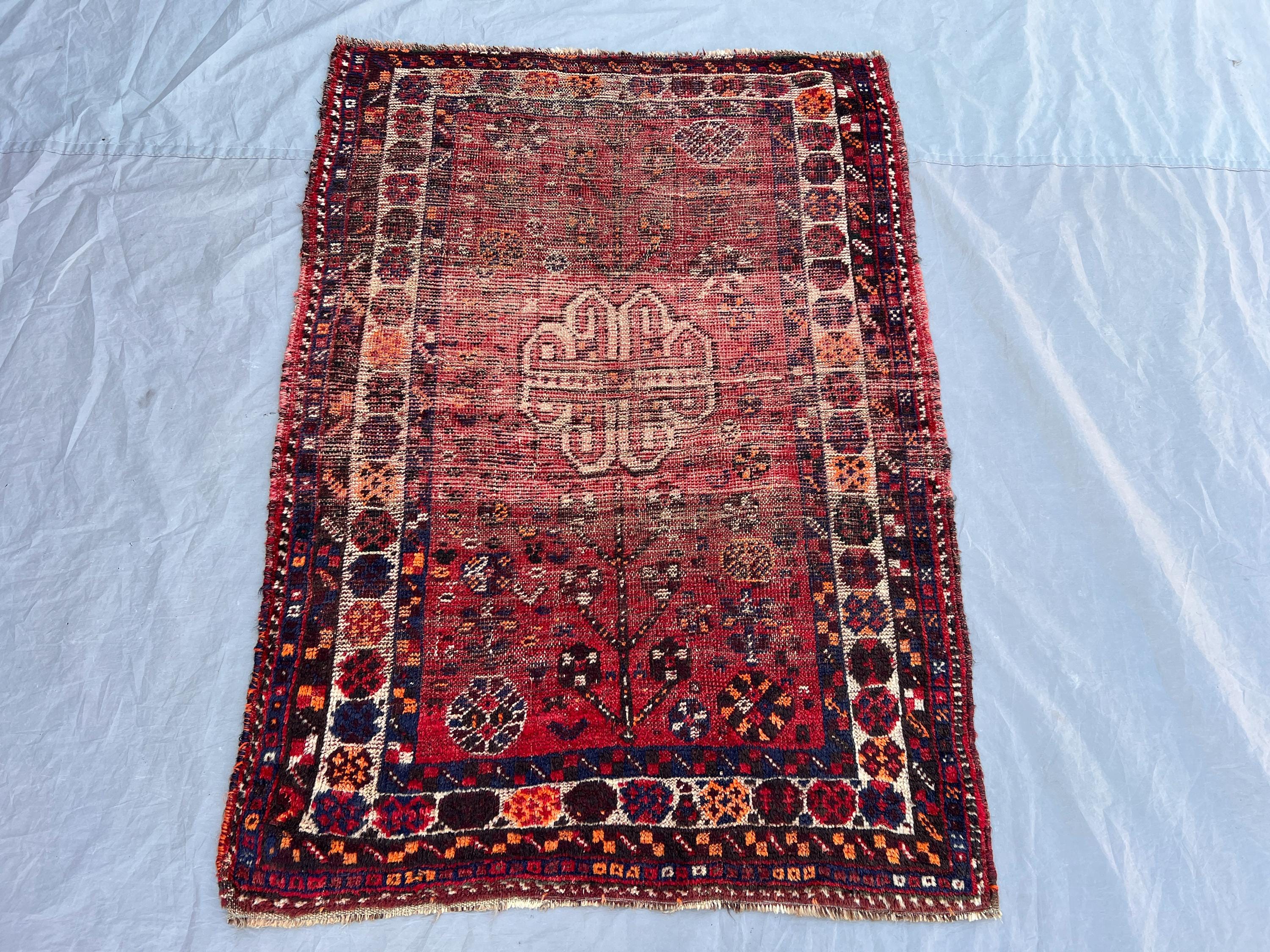 3'1x4'4 Vintage Afghan Tribal Rug | Hand Knotted Wool Area Rug | Faded Red Medallion Geometric Rug | Bohemian Accent Rug Antique Distressed