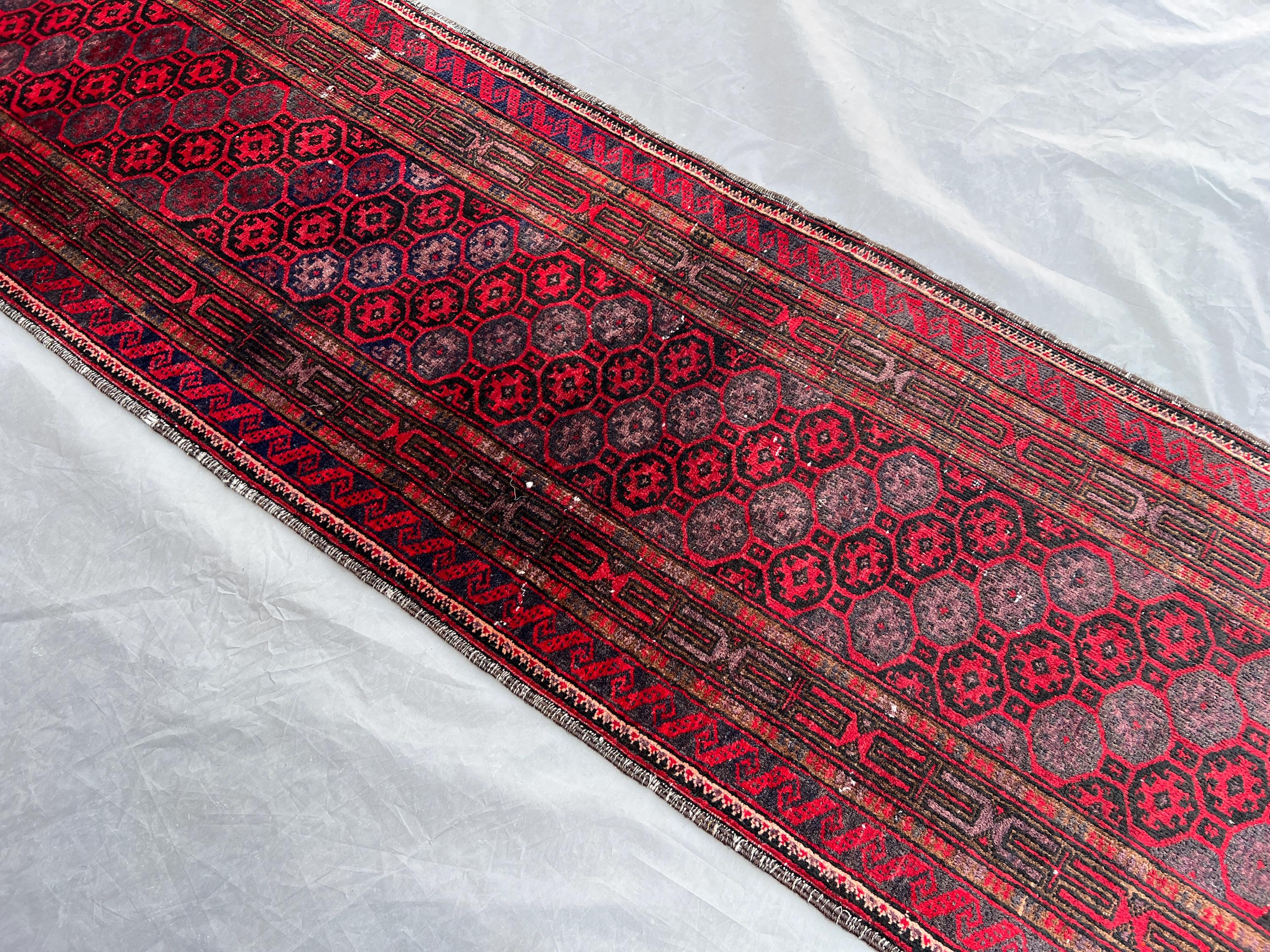 Antique 2x7.3 ft Afghan Runner Rug | Hand Knotted Wool Tribal Hallway Carpet | Red & Black Gul Design | Vintag