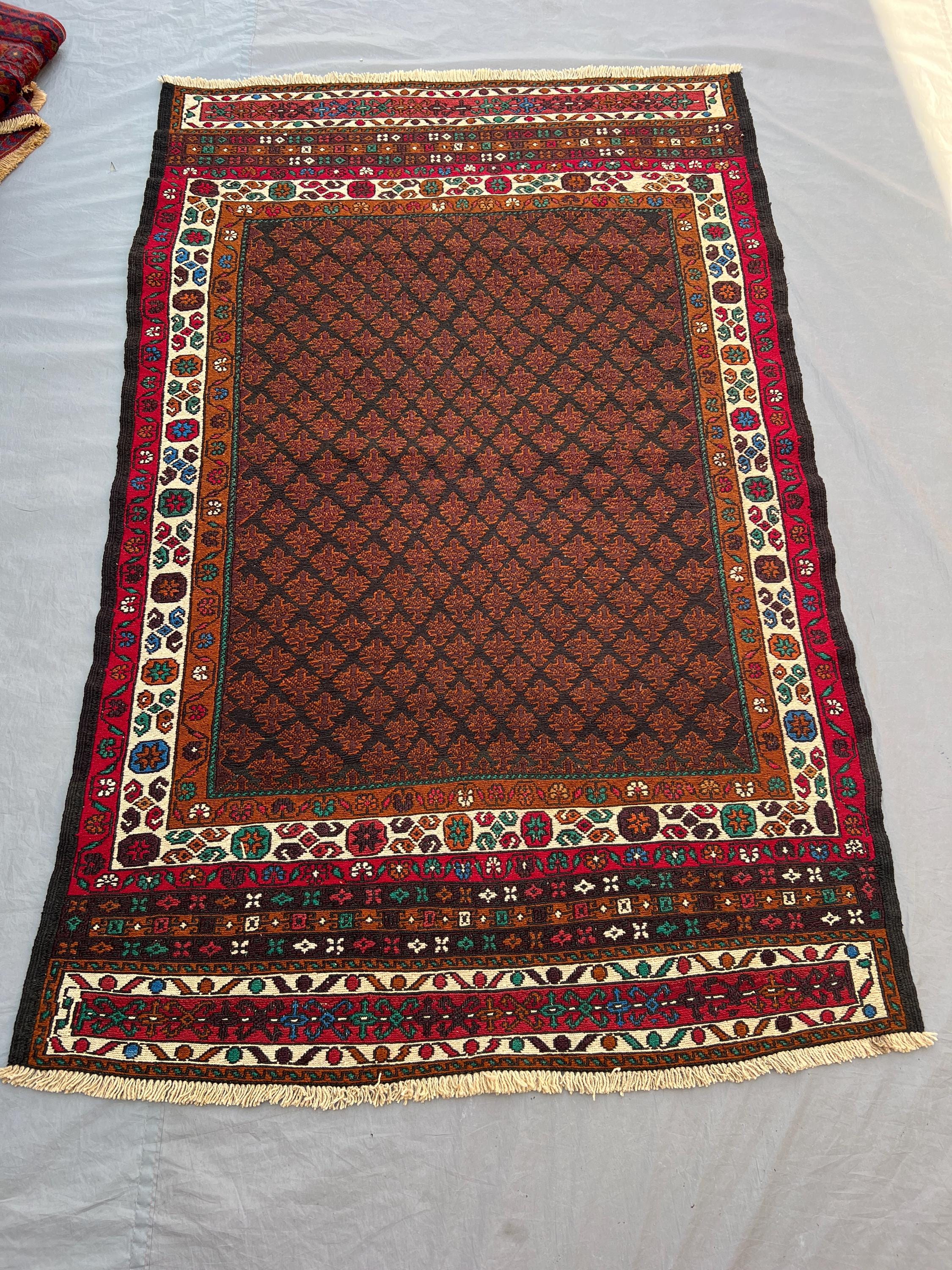 3'10x5'11 ft Vintage Afghan Kilim | All Over Lattice Floral Flat Weave | Dark Brown Red Teal | Boho Living Room Accent Kilim