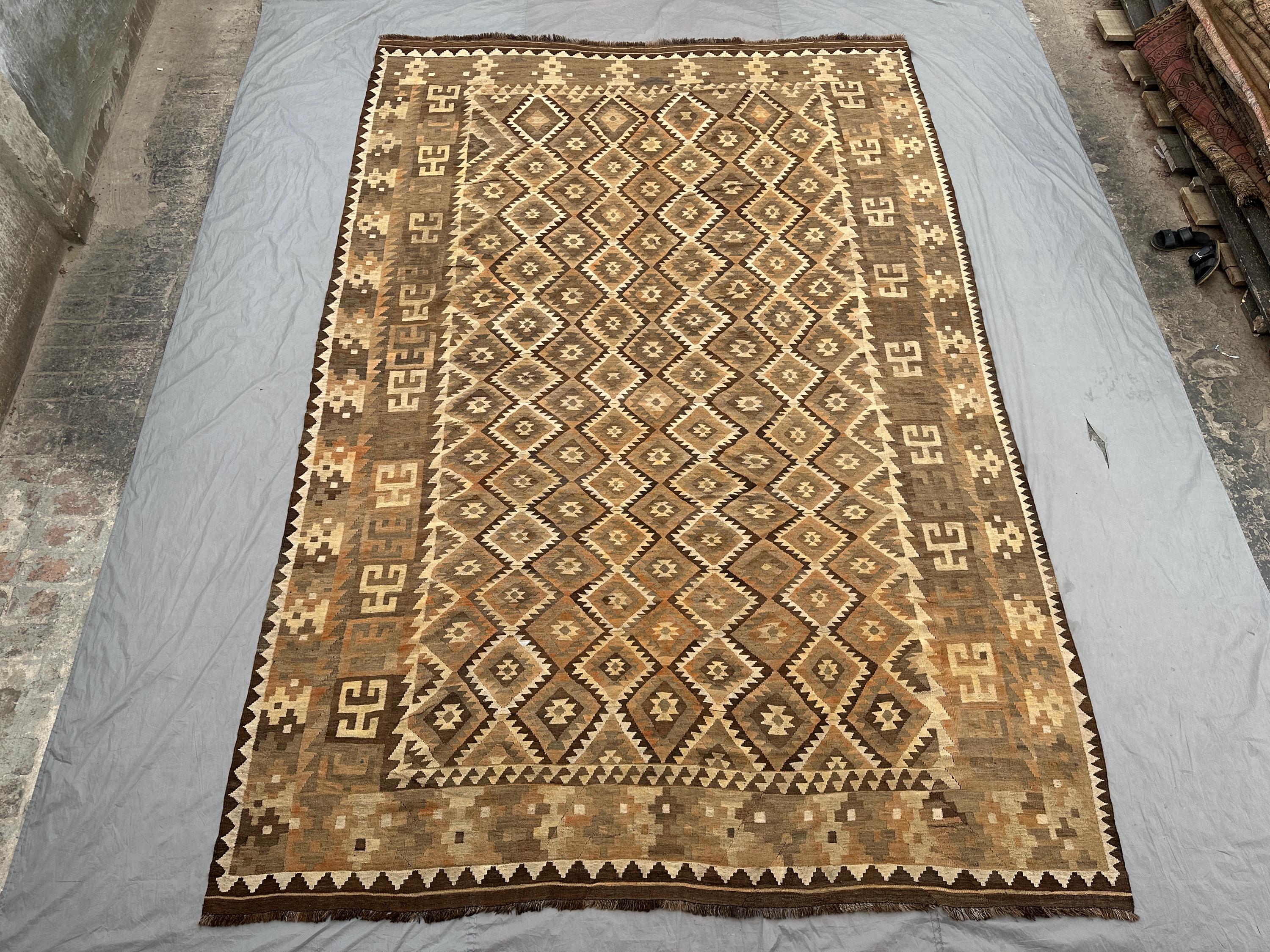 10 x 15 Antique Afghan Kilim Rug, Handwoven Flatweave Area Rug, Faded Terracotta, Beige, Cream, Brown Rug, Oversized Tribal Farmhouse Carpet