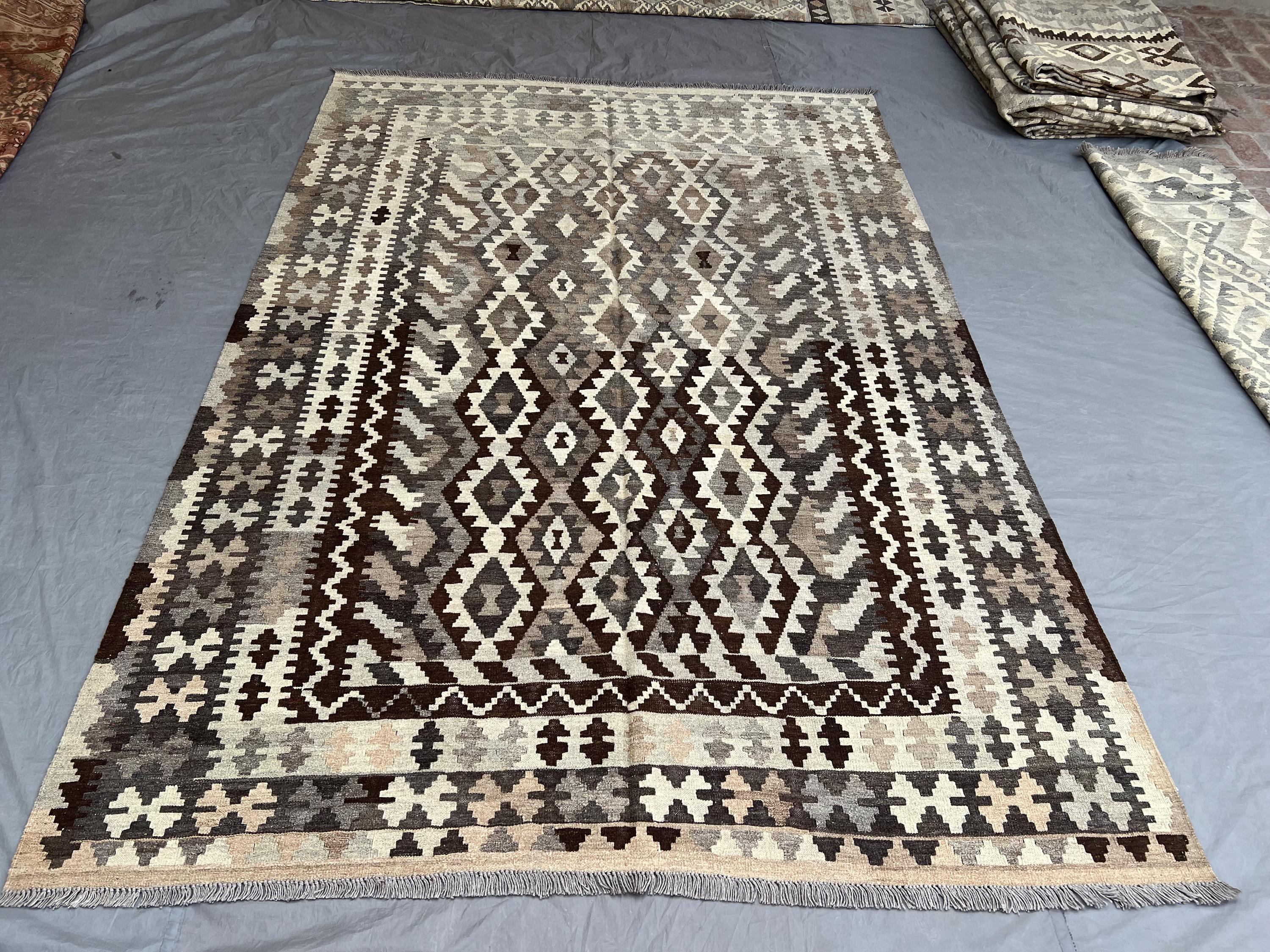 7 x 10 ft Afghan Hand-Woven Vintage Kilim Rare One-of-a-Kind Maimana Design Elegant Brown & Beige Colors | Living room or Hallway decor