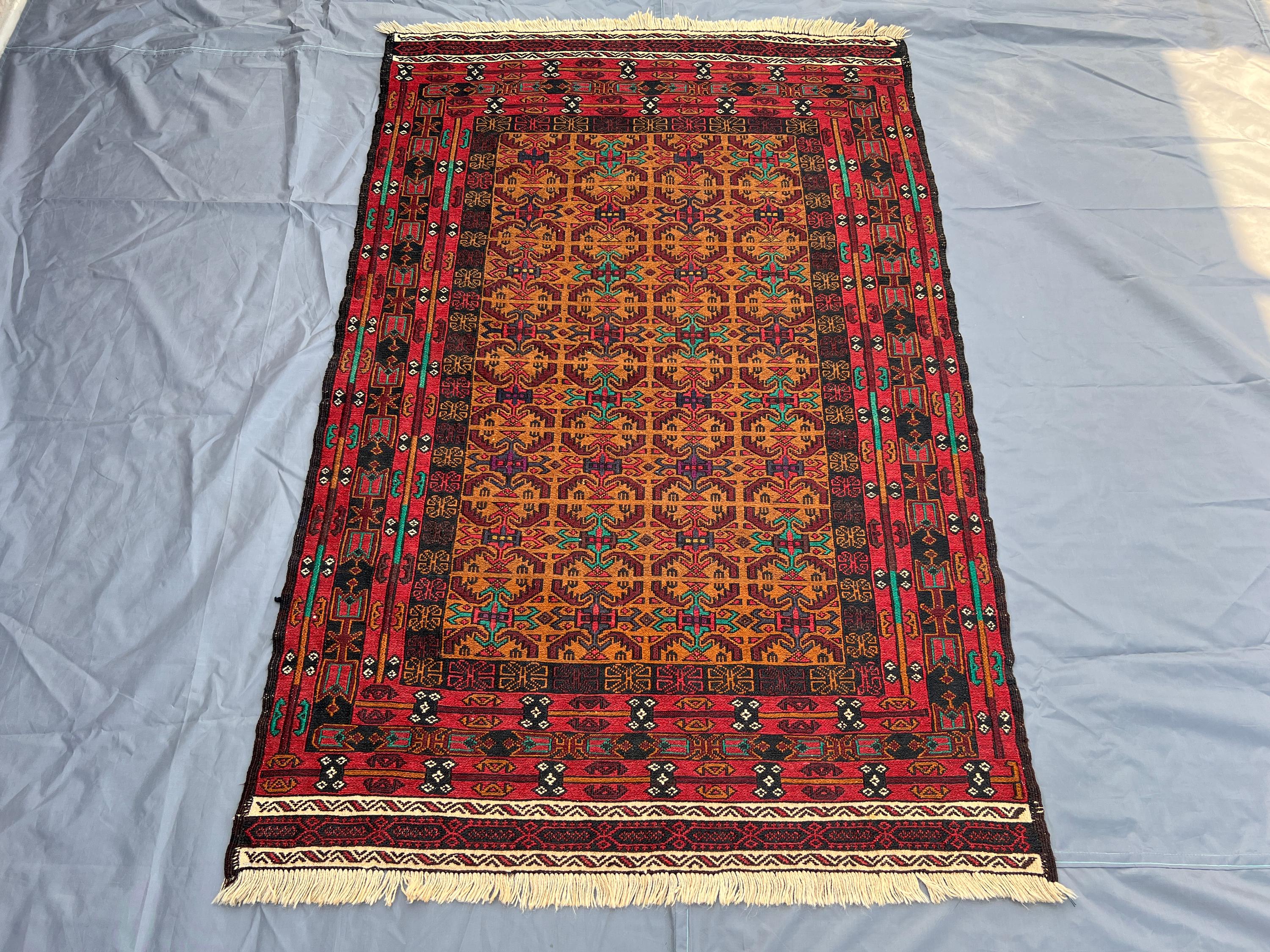 Vintage Afghan Sumak Rug 3.10x5.11 ft | Handmade Wool Flatweave | Tribal Kilim Style Rug | Ethnic Pattern Boho