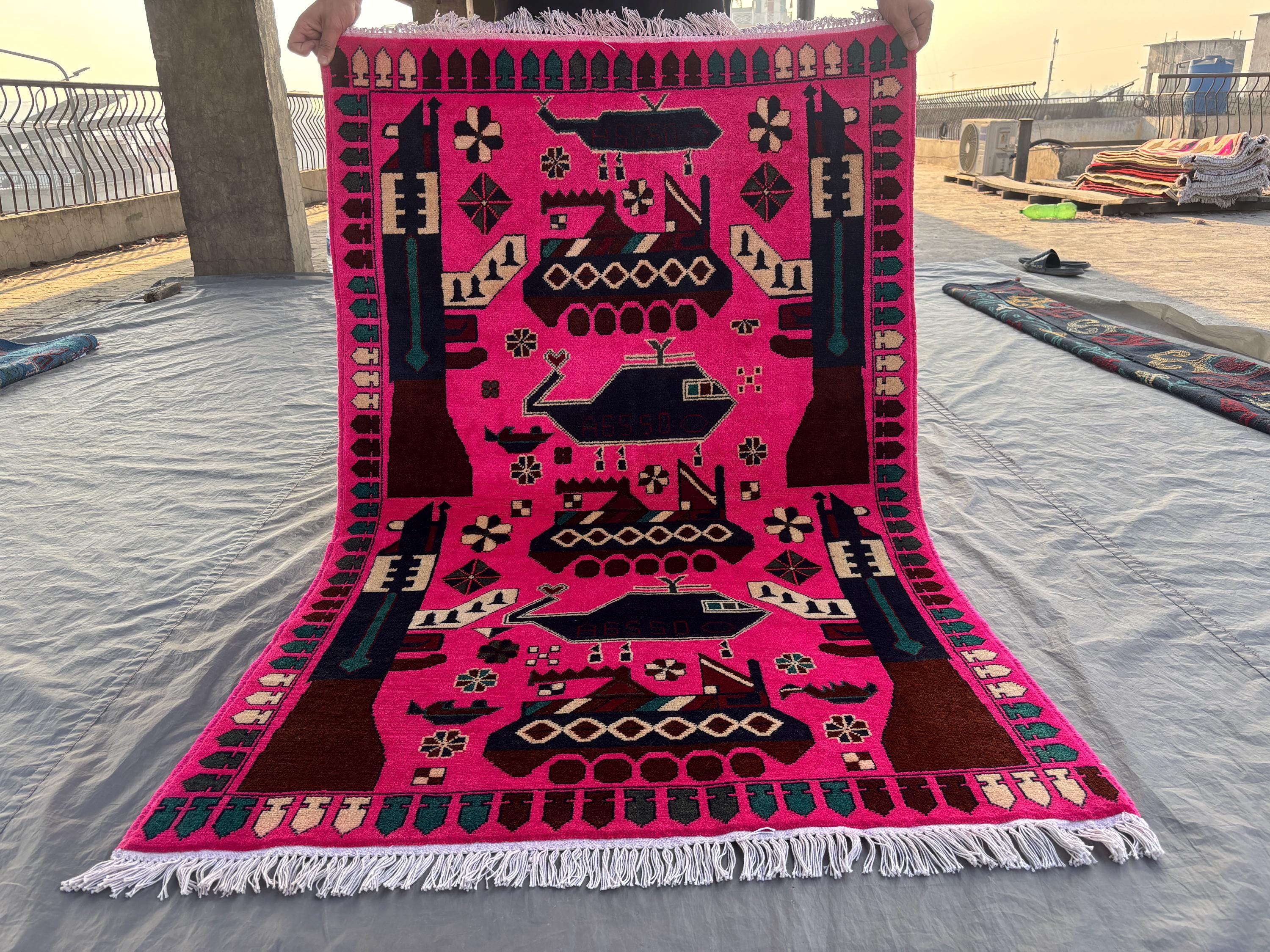 3.2x4'11 Ft Handmade Afghan Wool War Rug, Helicopter Pattern, Soft Wool, Living Room, Bedroom, Kitchen, Wall D