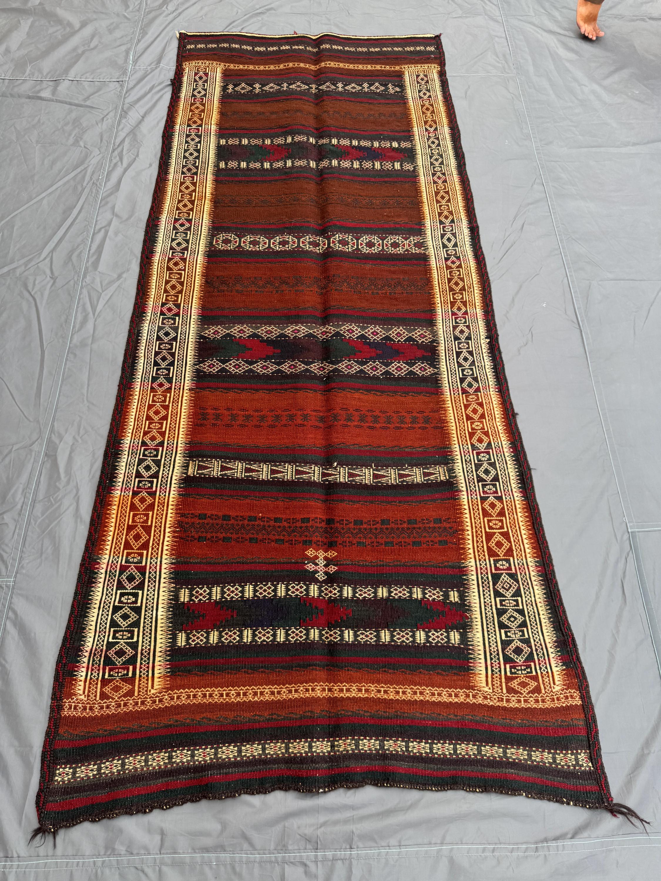 4x8 Vintage Flat Weave Kilim Rug, Handmade Wool Tribal Design, Red Black & Ivory, Unique Decorative Boho Accen