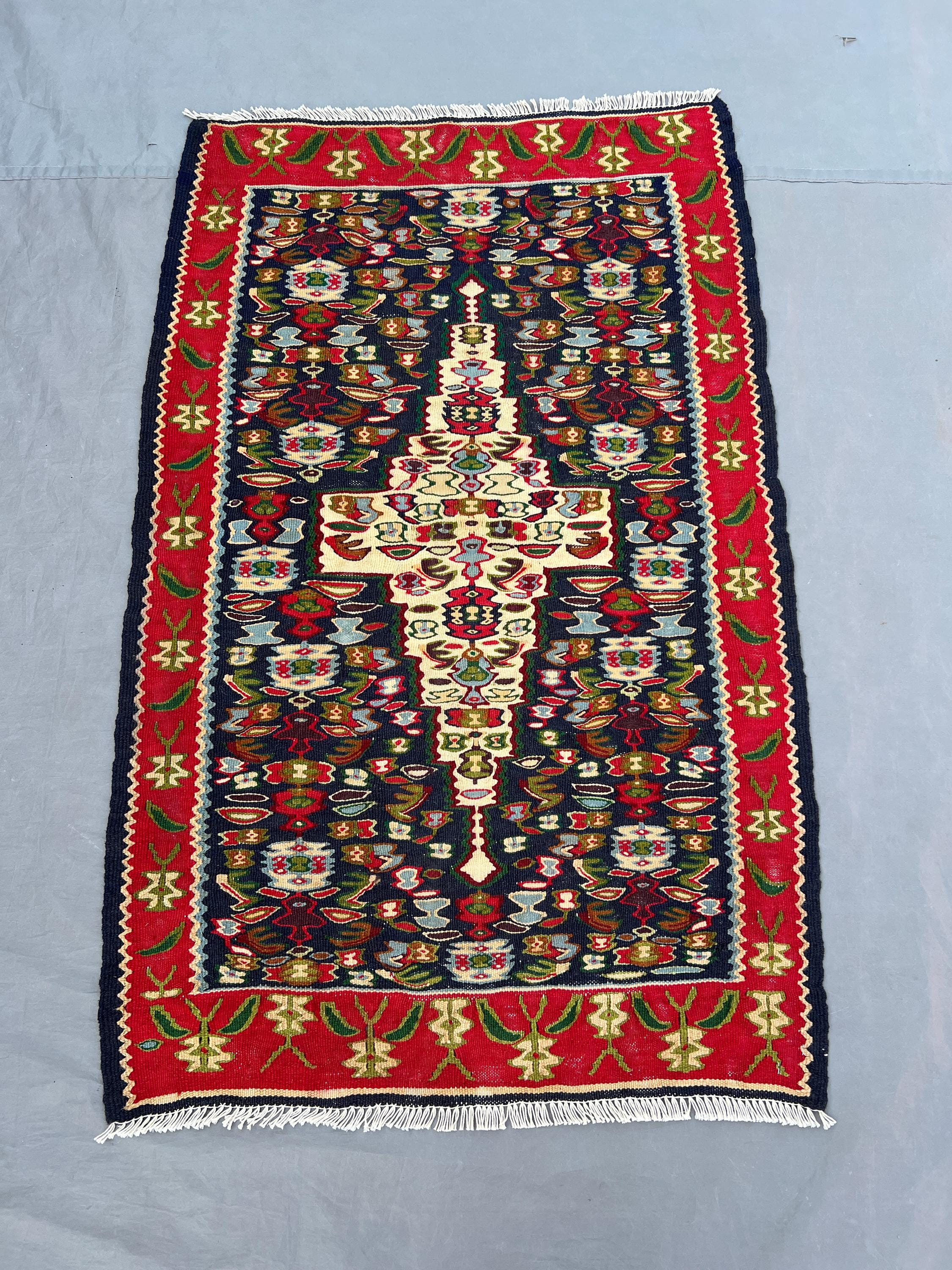 2'8x4 Vintage Afghan Flat Woven Wool Kilim Dark Navy Red Ivory Central Diamond Dense Floral Boteh Multicolor Tribal Boho Accent Carpet