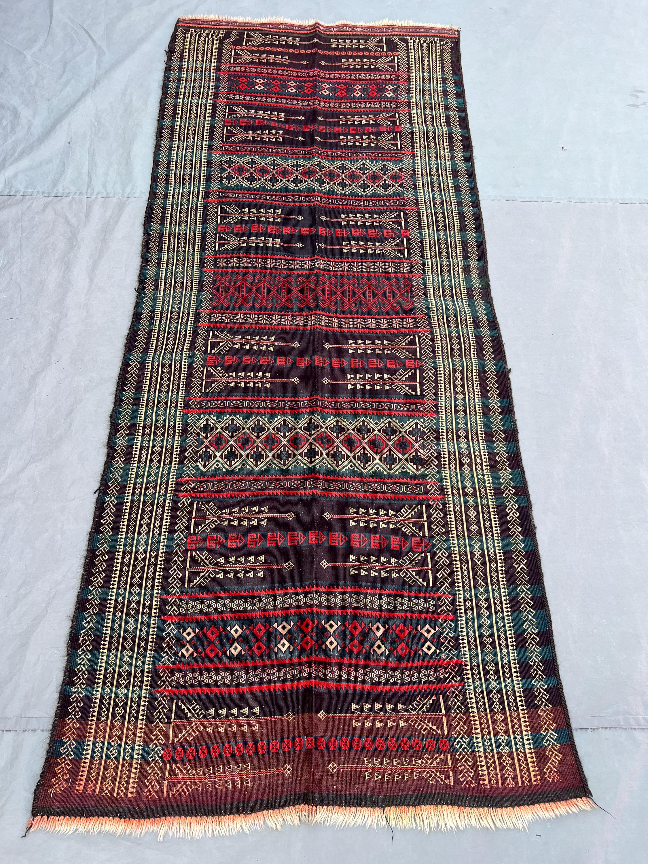 3'3x8'2 Vintage Afghan Kilim Runner Rug Dark Tribal Geometric Flatweave Handwoven Wool Hallway Runner | Hallway Kitchen Boho Stair Decor