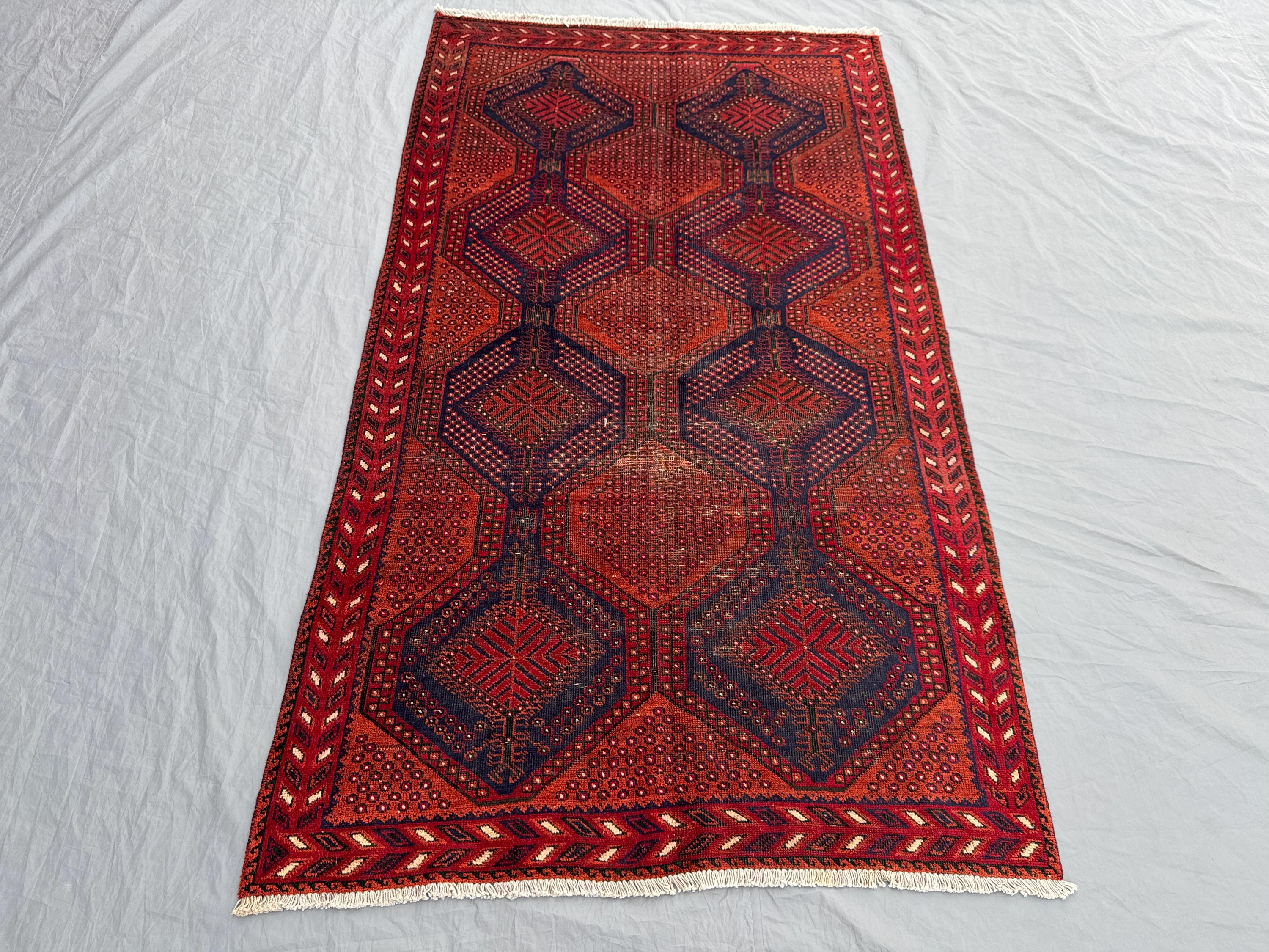 Red 3'11x6'9 Ft Turkish Hand Knotted Low Pile Distressed Rug, Rare Nomadic Medallion Design, Vintage Tribal Ru