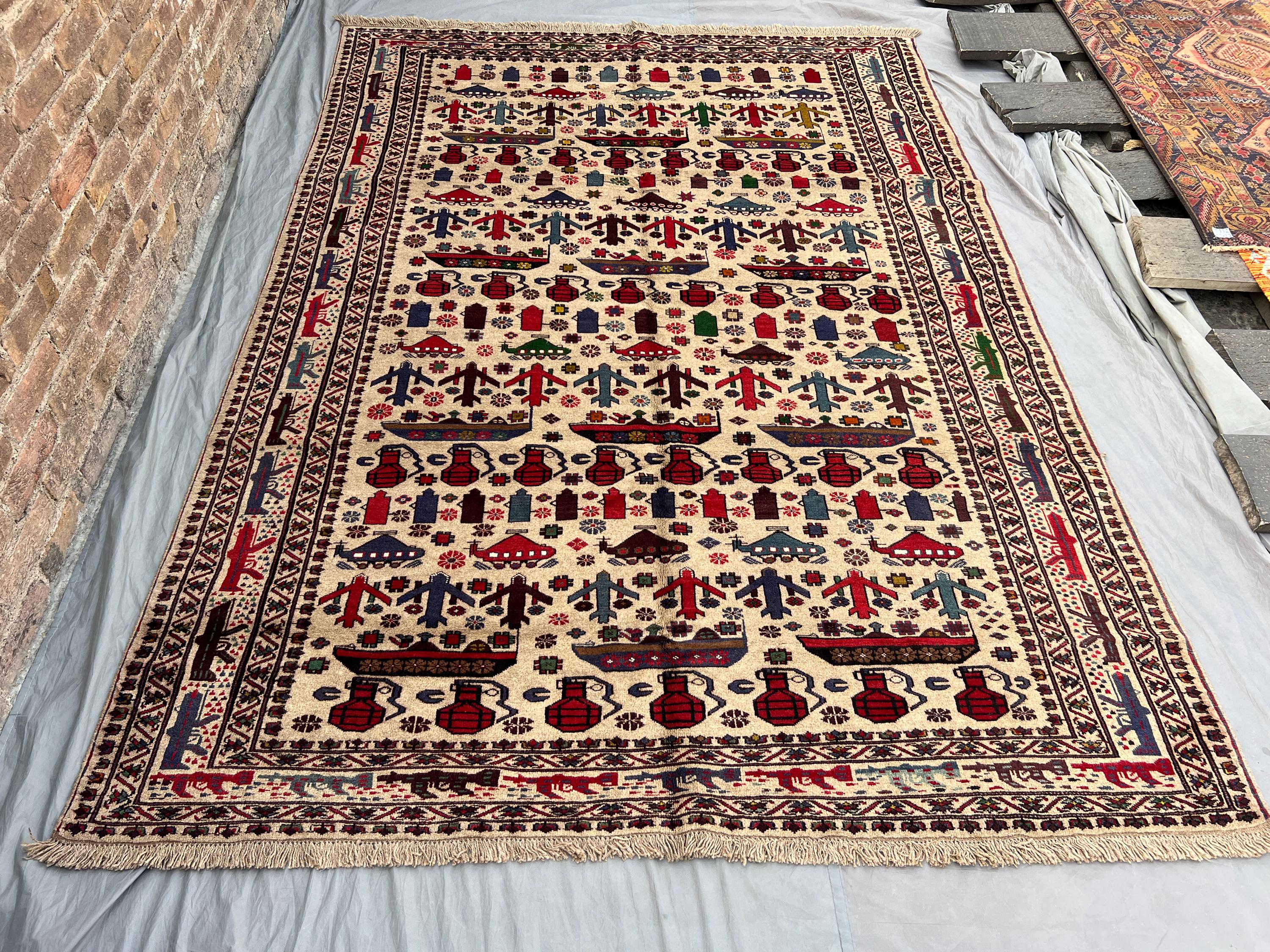 7x10 Vintage Afghan Baluchi War Rug, Handmade Wool Oriental Carpet, Rare Pictorial Rug with Tribal Motifs, Uni