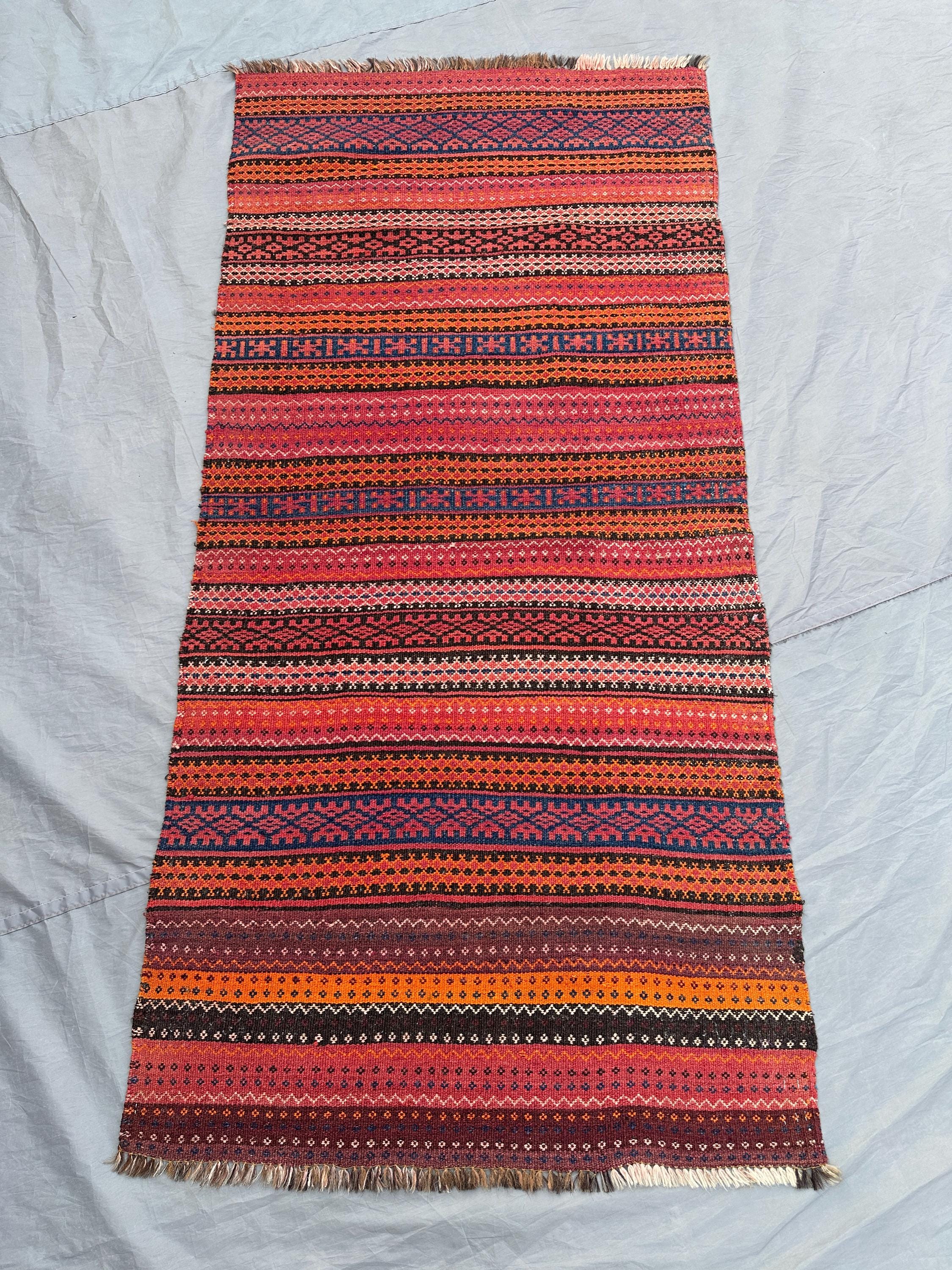 Afghan Kilim Rug 3x6'3 ft | Handmade Wool Flatweave Runner | Pink Orange Tribal Striped Rug | Vintage Ethnic B