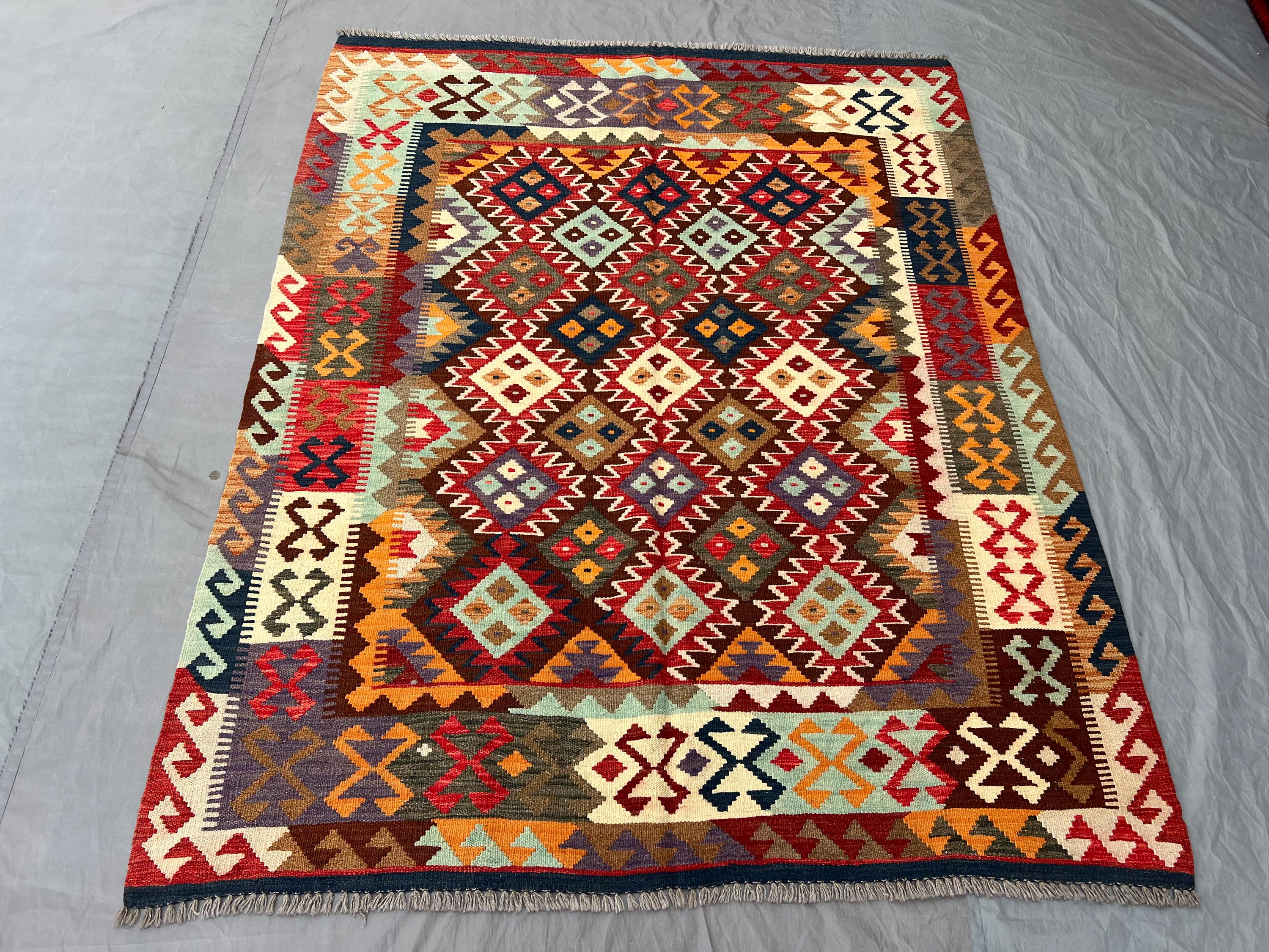 Afghan Hand-Woven Modern Flat Weave Kilim - 5 x 7 ft Colorful Faryab Design One of a Kind Unique Bohemian Deco