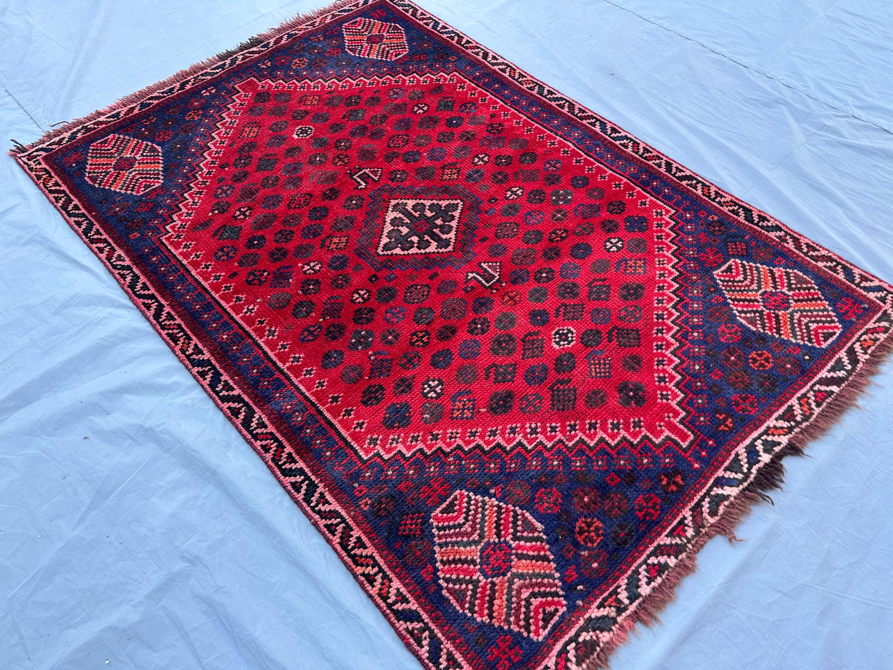 Vintage Afghan Turkmen Rug | 3'5 x 5'4 ft | Hand-Knotted Wool Carpet | Tribal Geometric Design | Boho Accent R