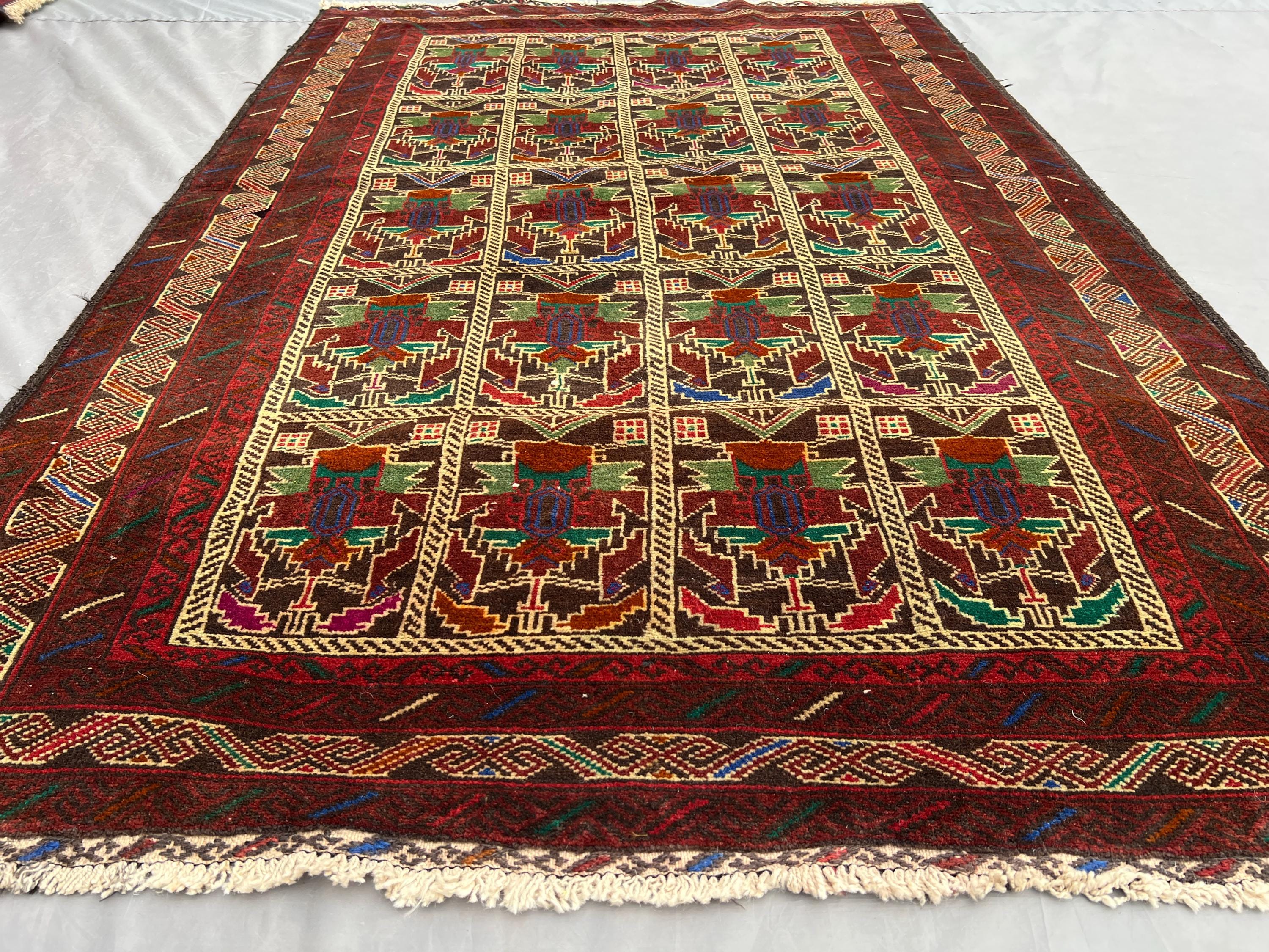 4x6 ft Antique Afghan Hand Knotted Tribal Baluch Rug, Geometric Wool Rug | Turkmen Style High-Quality Wool Carpet, Kitchen rug, Moroccan rug