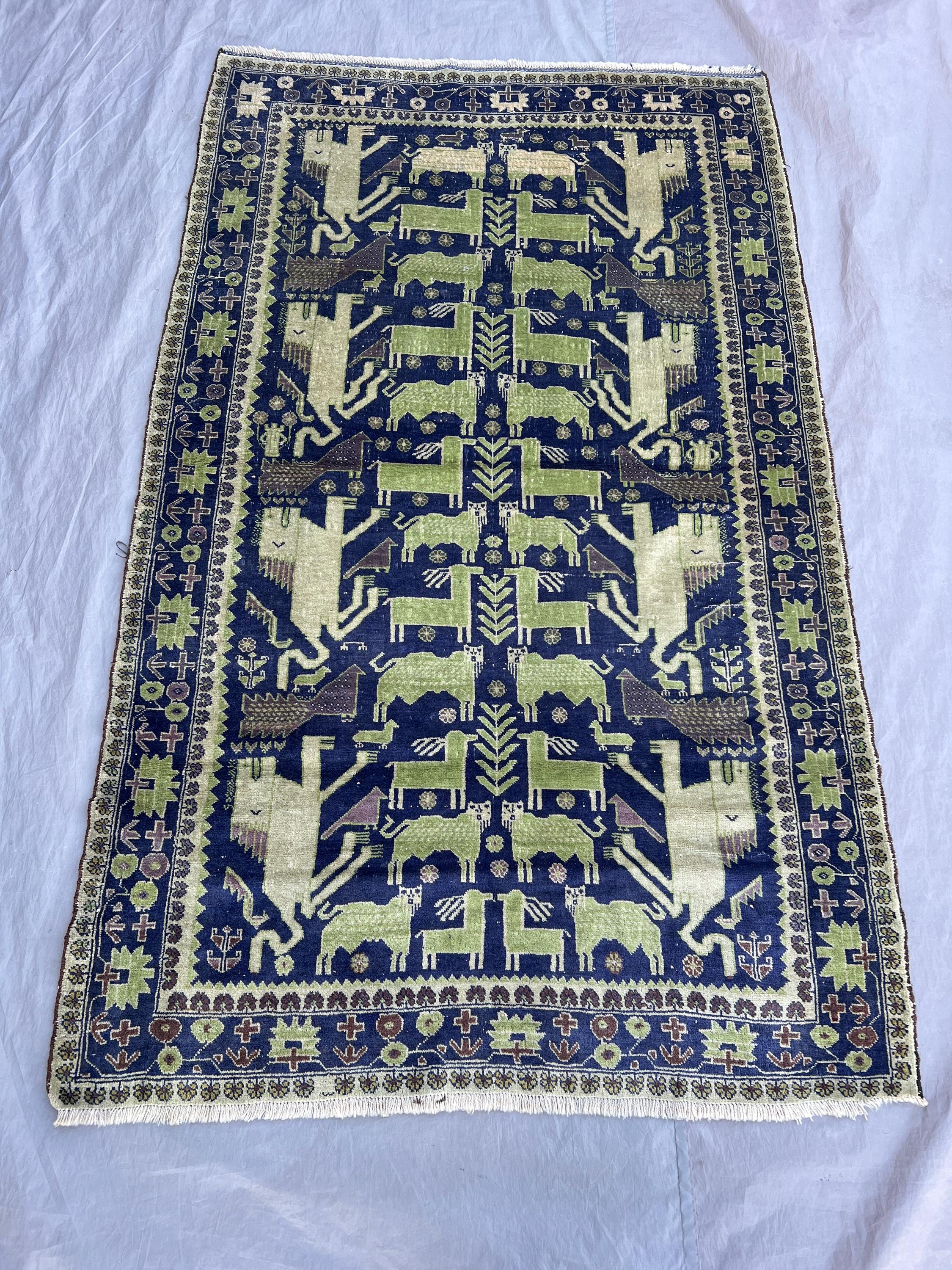 3'11 x 6'6 ft Vintage Afghan Handwoven Rug, Geometric & Animal Design, Soft Pile, Pictorial Area Rug, Living Room, Bed Room  Boho Décor