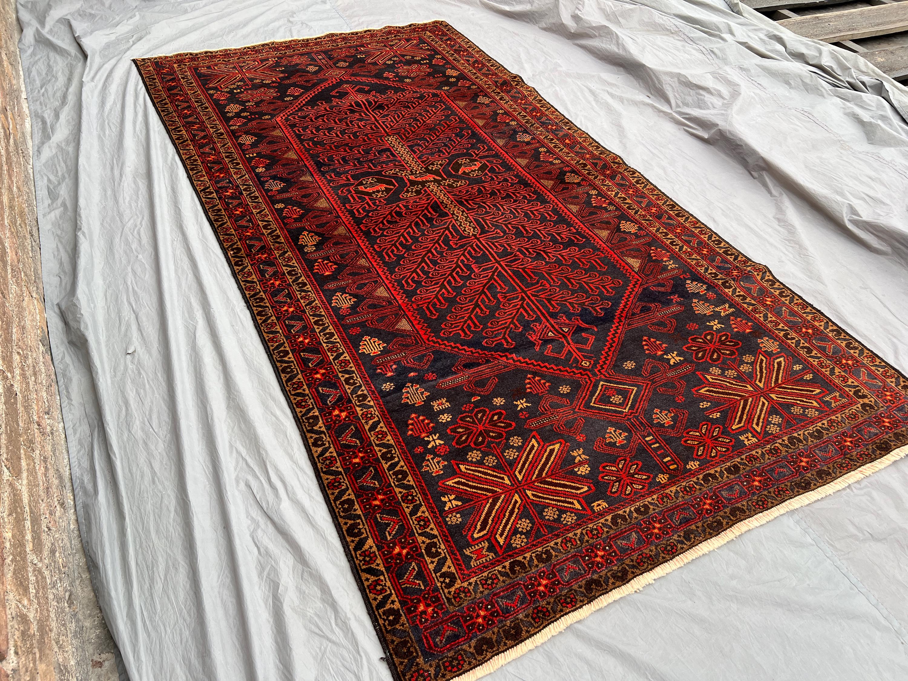 4'9x9 Vintage Afghan Baluch Wide Runner Rug | Hand-Knotted Wool Carpet | Tribal Geometric Red Boho Decor | Oriental Hallway Art Kitchen rug