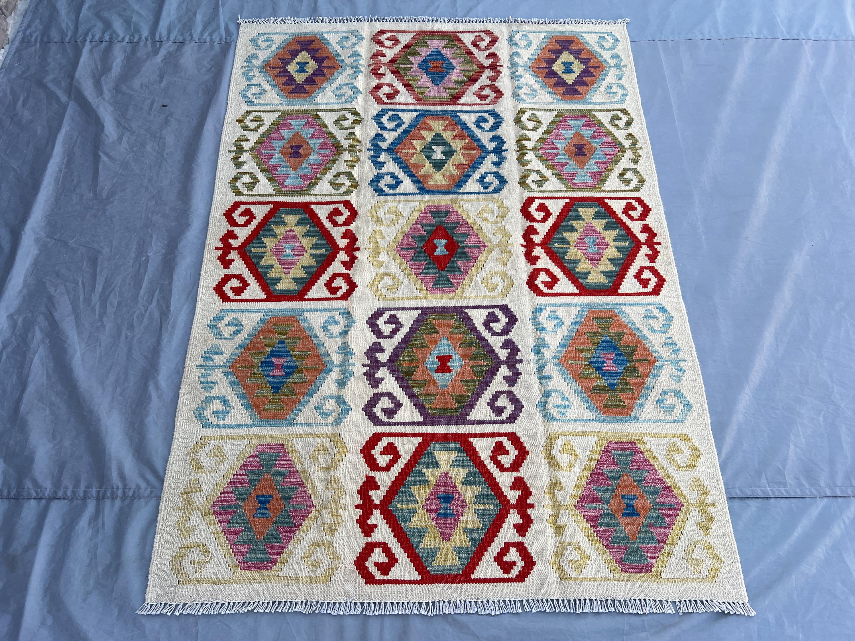Afghan Kilim Rug 4x6 | Flat Weave Wool Rug | Colorful Handwoven Geometric Carpet | Modern Tribal Decor | Bedroom Accent Rug, living room rug