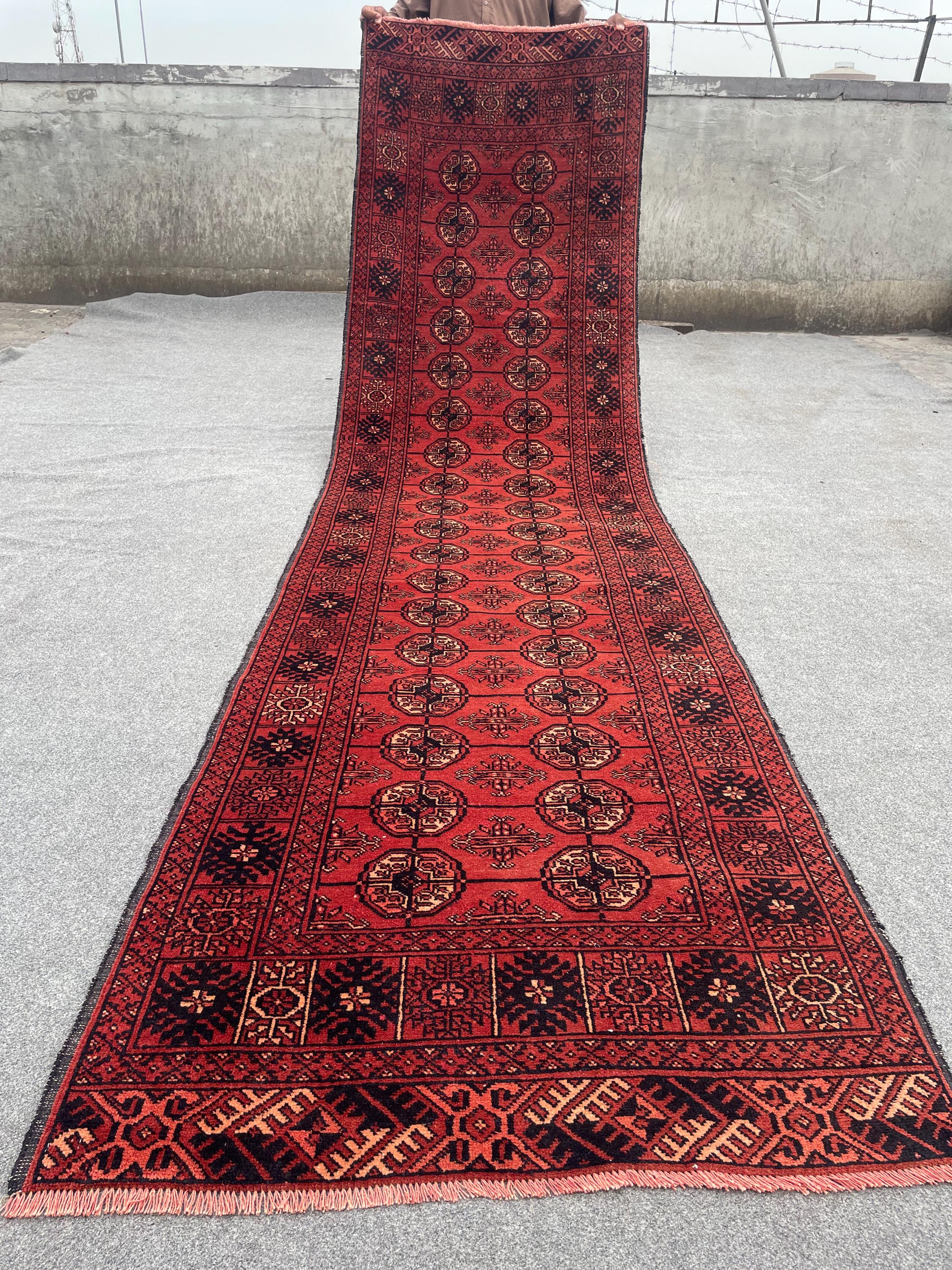 Antique Afghan Baluch Runner Rug 3'0" x 11'5" | Handmade Wool Hallway Carpet | Turkmen Bukhara Geometric Tribal Entryway Rug, home Decor