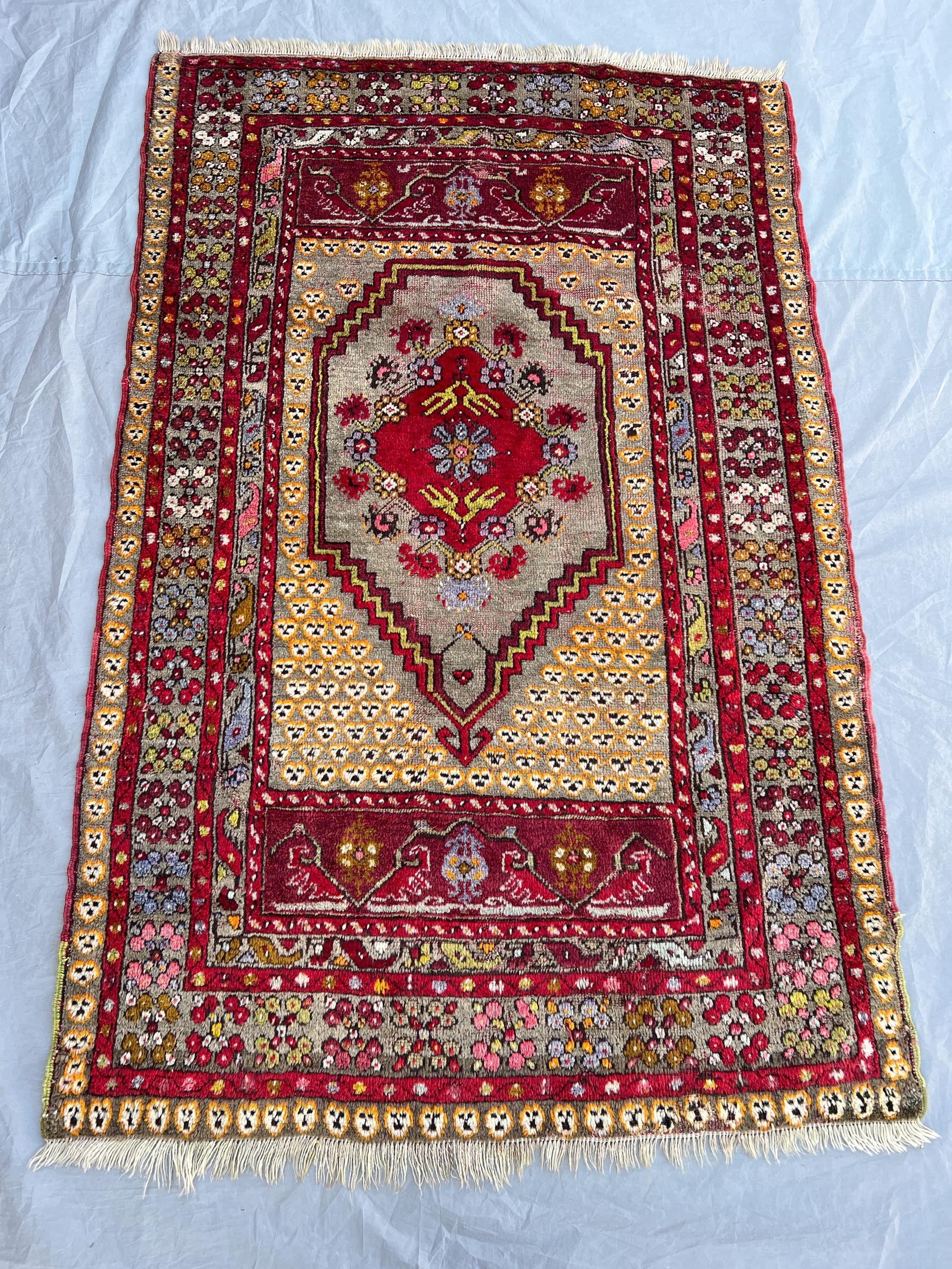 3'6x5'5 ft Vintage Afghan Turkish Anatolian Style Rug | Floral Medallion All Over Rosette Hand Knotted | Red Gold Lavender | Boho Accent