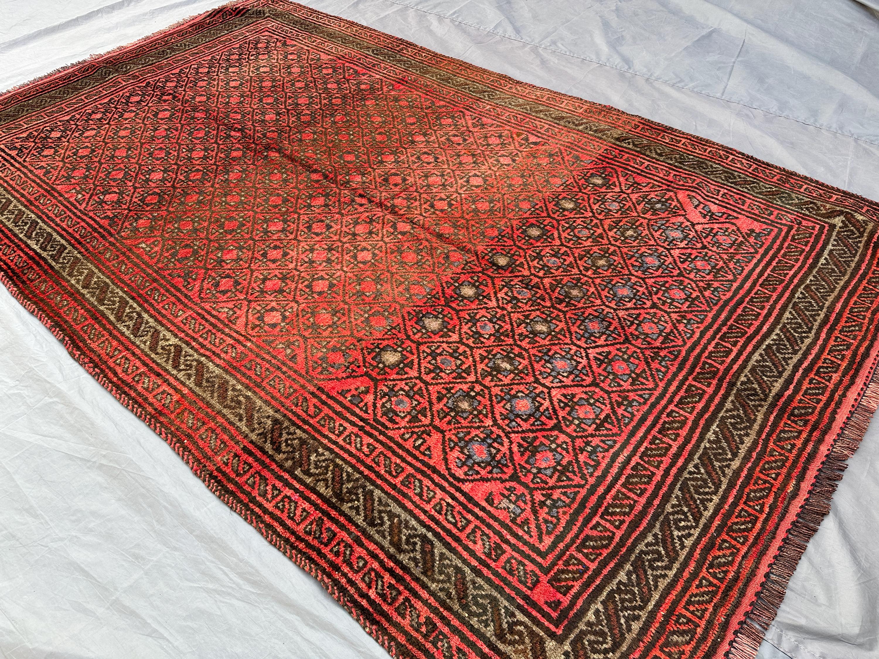 5x8 Antique Afghan Baluch Rug Red Brown Black | Hand Knotted Tribal Wool Area Rug | Geometric Moroccan Style Living Room Carpet, Bedroom rug