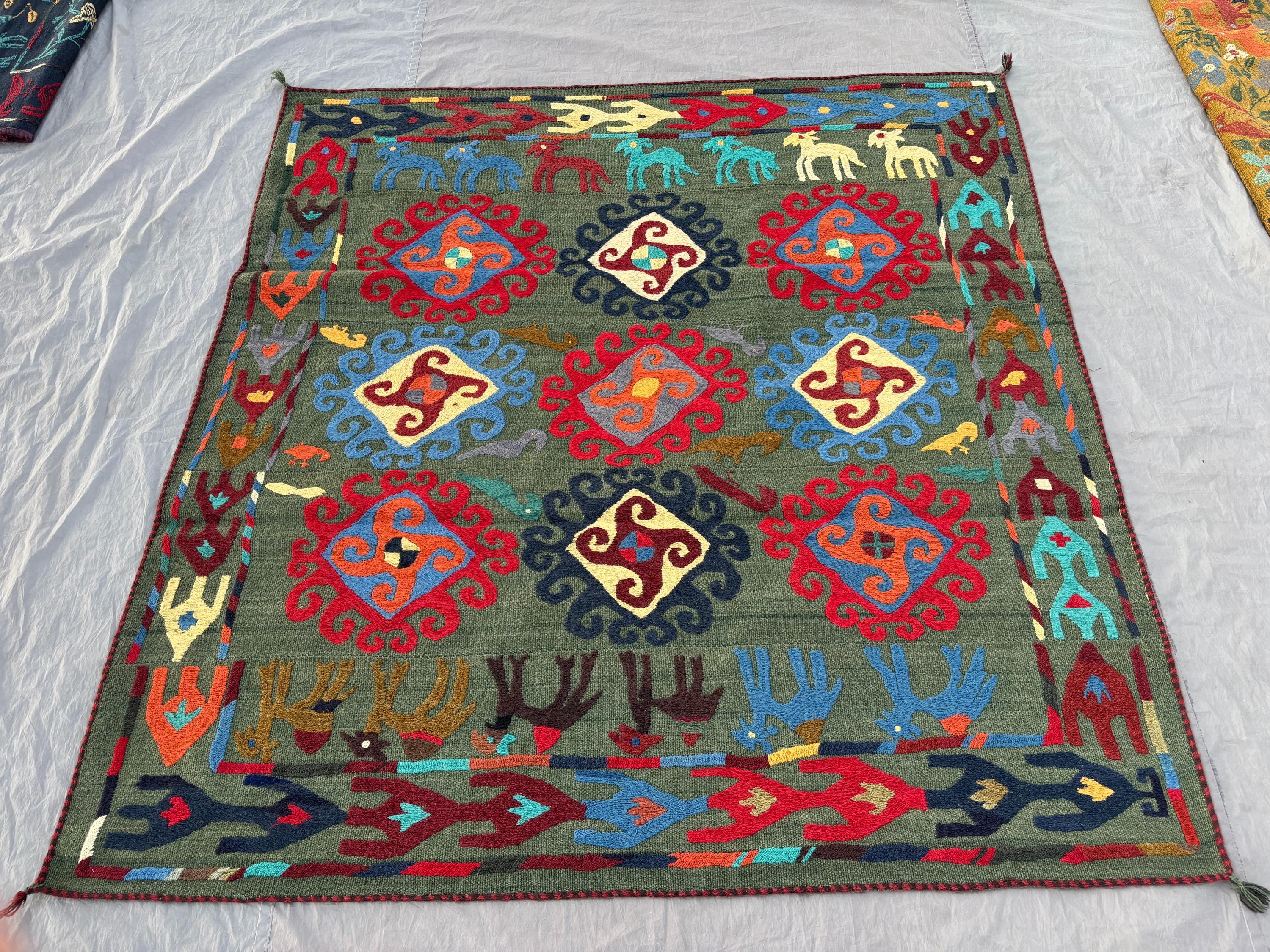 5.11 x 6.3 ft Afghan Hand Woven Vintage Soft Pile Patchwork Luxury Room Decor Pictorial Animal Camel Print Suzani Design Green, Red, Blue