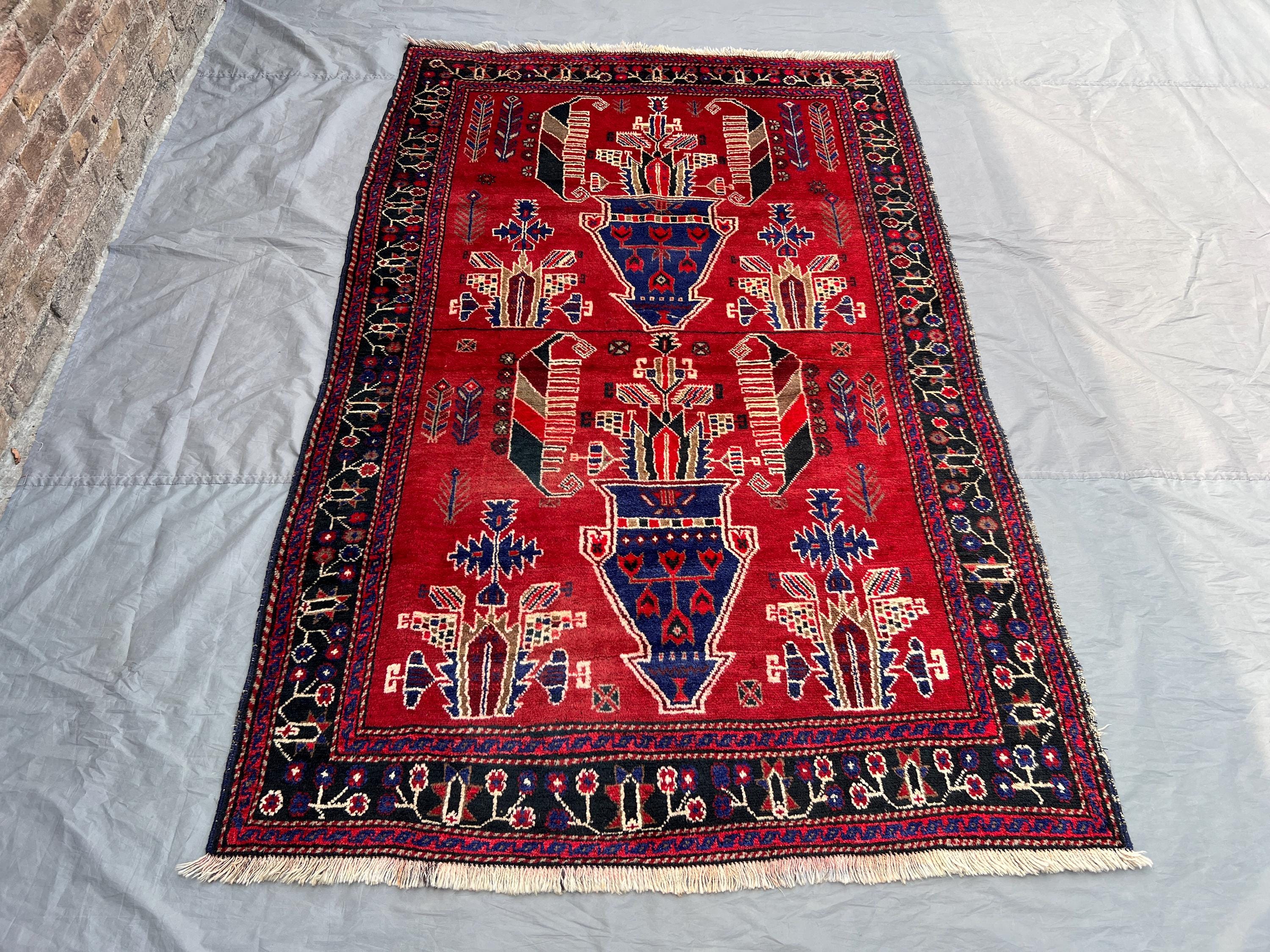 4.7x7.7 ft Afghan Baluch Hand-Knotted Rug | Vintage Red & Blue Tribal Design | Wool Rug \ living room rug \ af