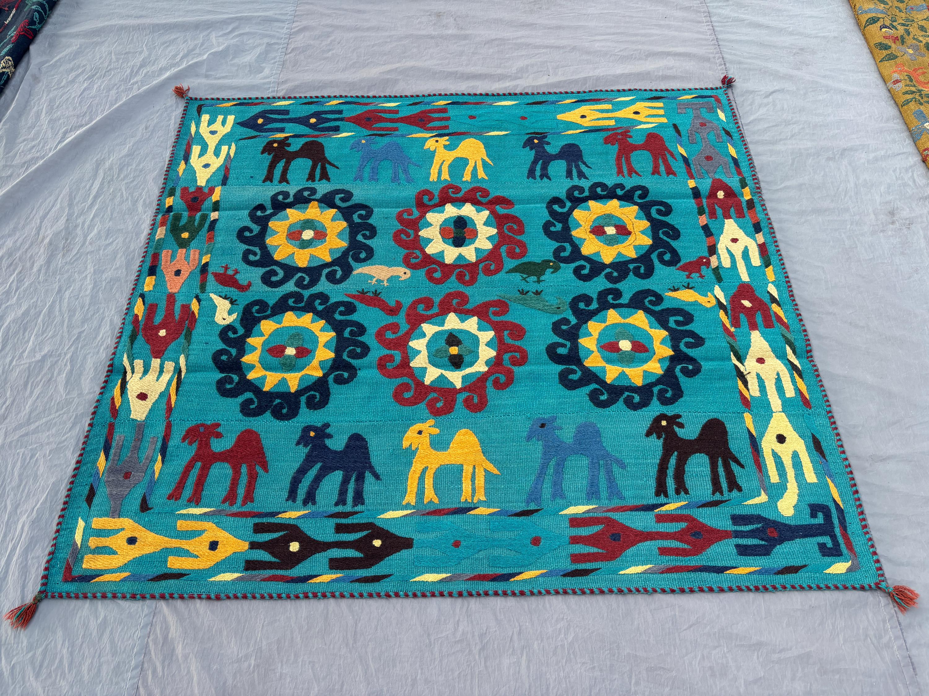 Turquoise Afghan Kilim 5 x 6 Handwoven Wool Vintage Patchwork Suzani Design for Boho Home Decor | Kitchen & Bedroom decor