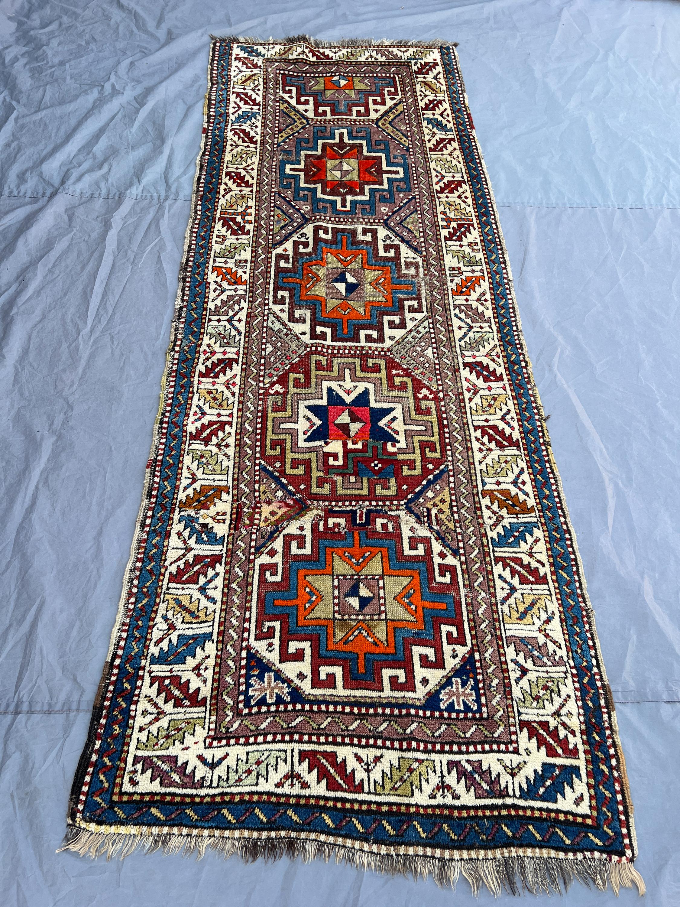 3'2x8'4 ft Antique Afghan Pile Runner Rug | Handknotted Tribal Four Medallion | Ivory & Multicolor Wool | Hallway Runner Entryway Boho Decor
