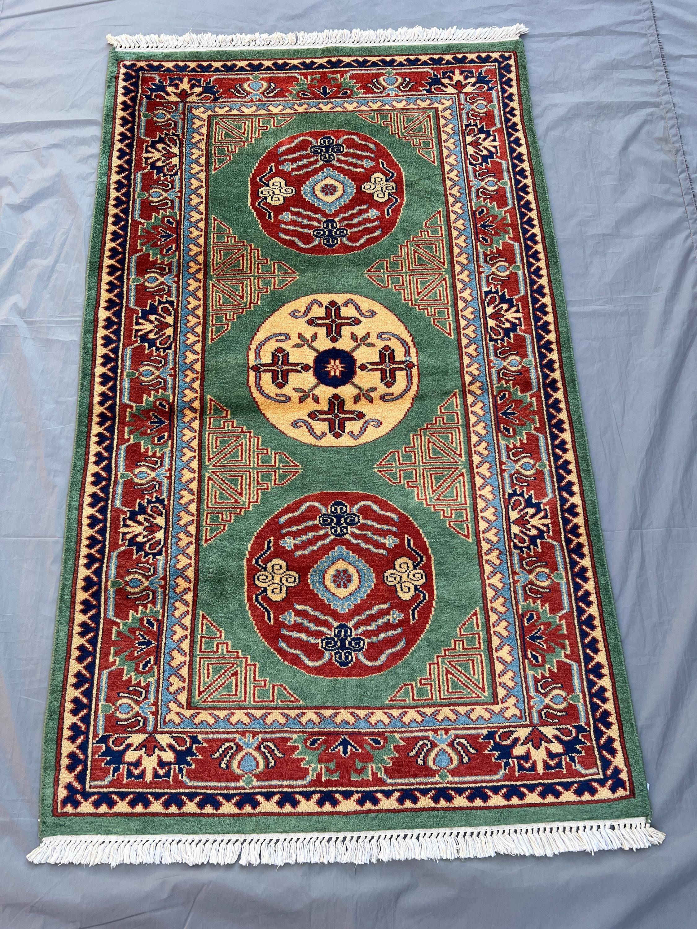 3x5 Vintage Afghan Tribal Rug Khotan Design Turkmen Wool Rug Geometric Rug One of a Kind Handmade Accent Rug,