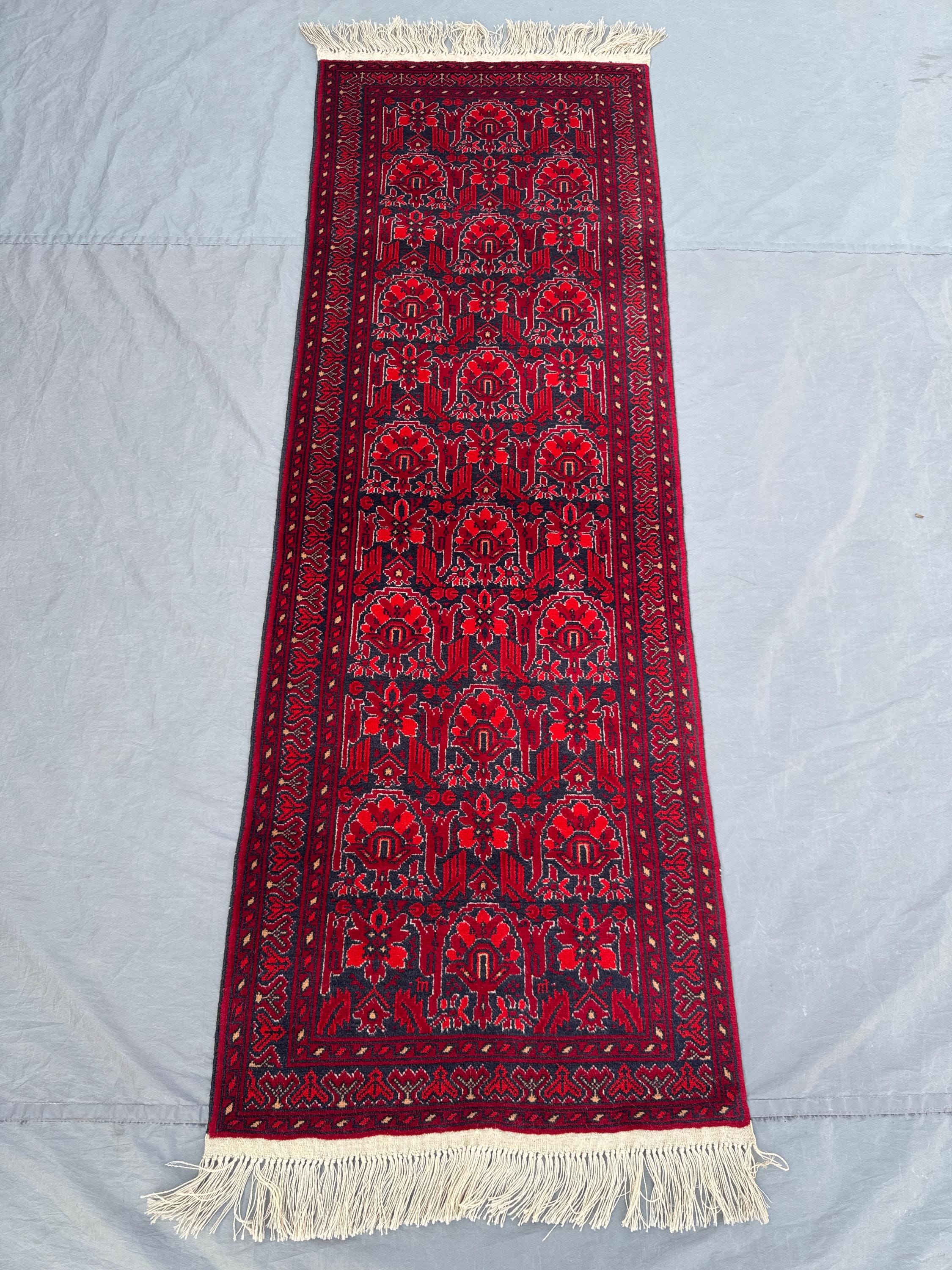Red 2.3x6.6 ft Turkmen Ersari Handmade Vintage Wool Runner Rug, Floral Tribal Design, Luxury Area Rug for Hallway, Entryway, Boho Decor
