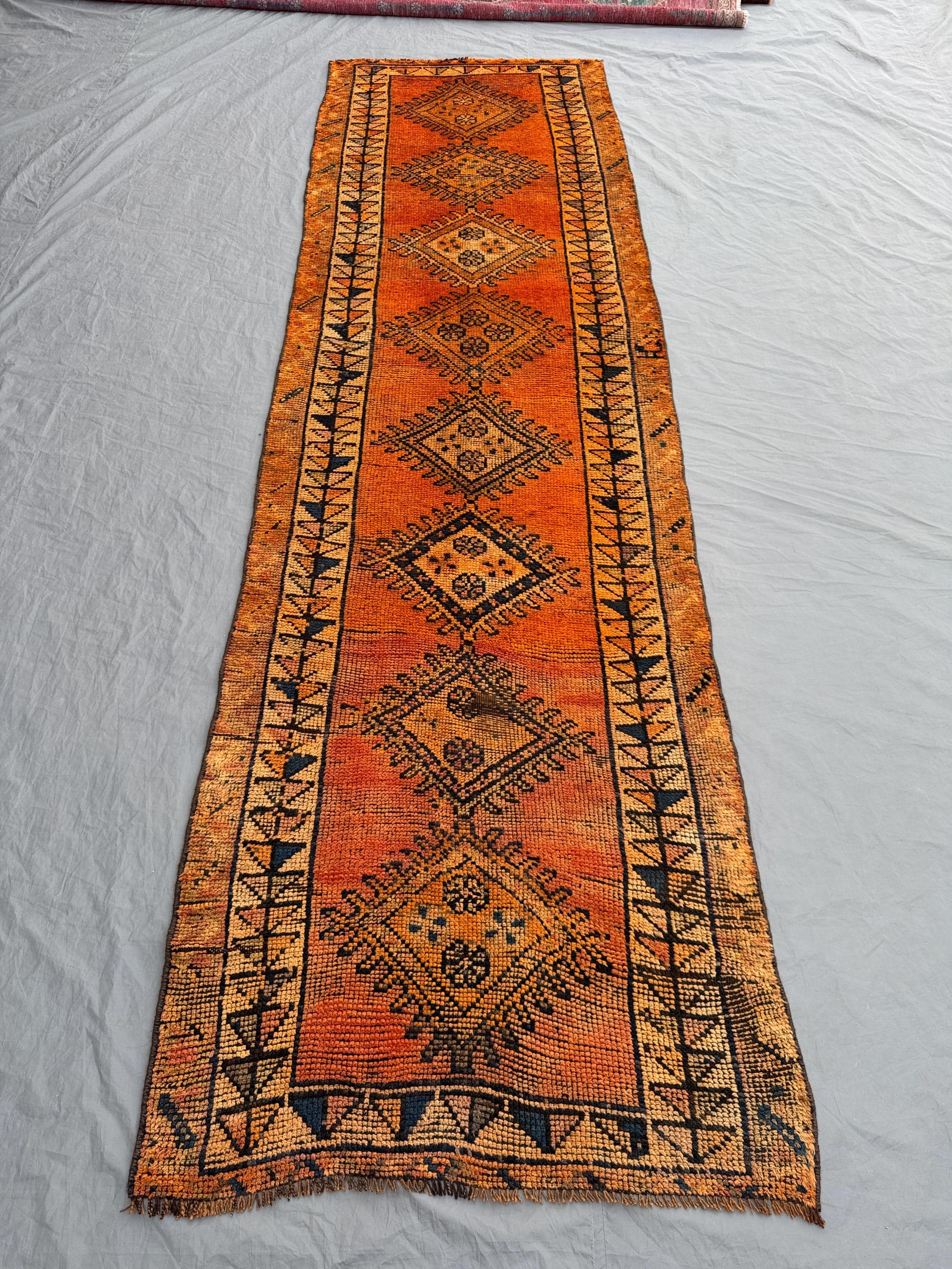 Orange 3'4x11'8 Ft Vintage Turkish Inspired Caucasian Runner Rug, Soft Pile, Tribal Pattern, Boho Decor, Antique Rug, Entryway Rug