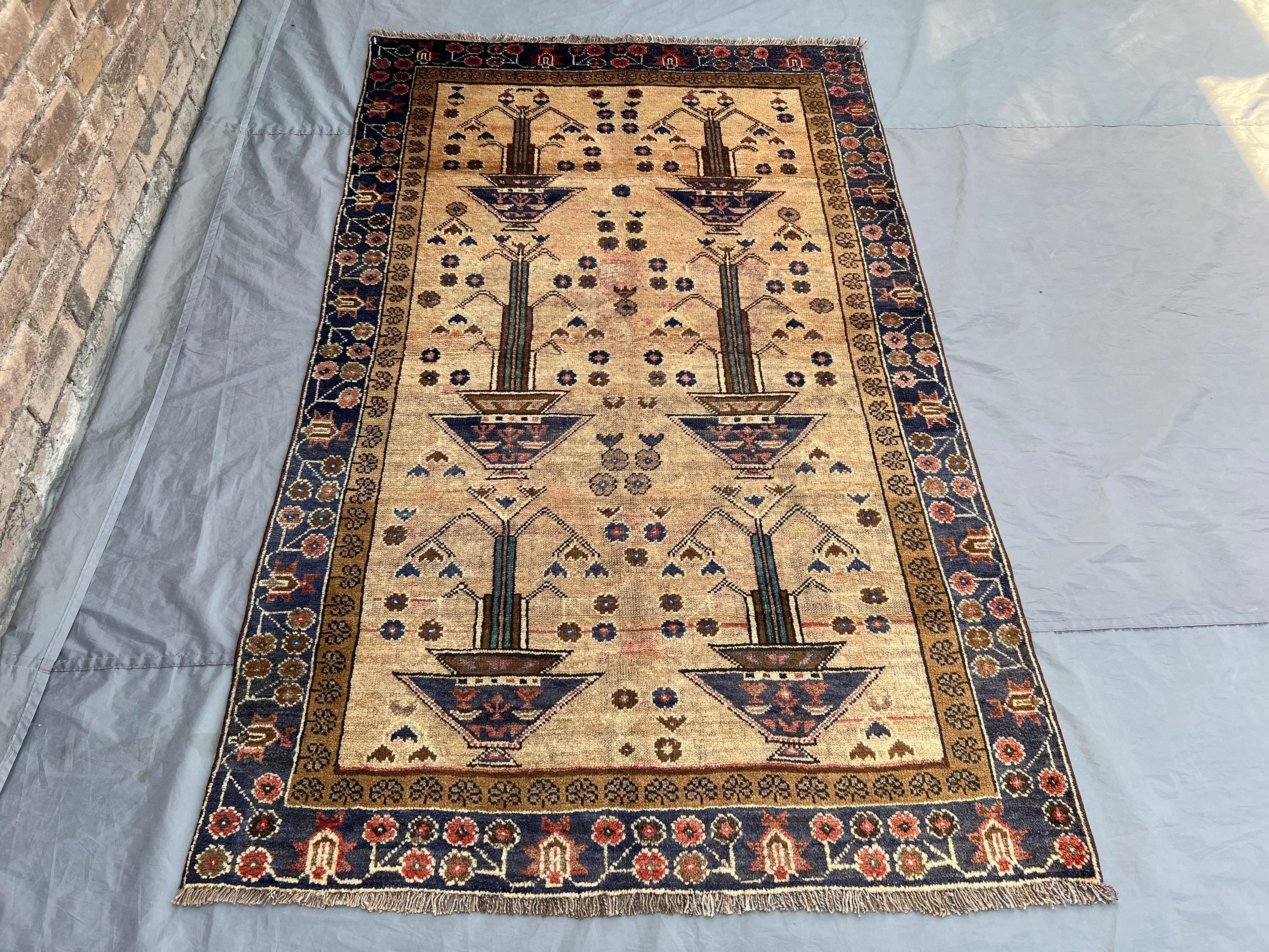 Antique 4.6x7.5 ft Afghan Floral Pot Rug | Hand Knotted Wool Carpet | Tribal Vase Design | Vintage Oriental Ro