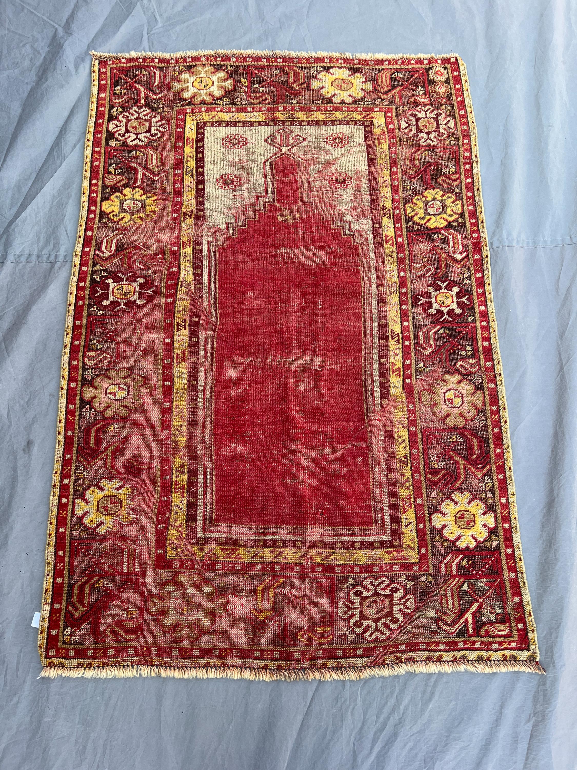 3'3x4'11 Ft Vintage Afghan Prayer Rug Handknotted Distressed Low Pile, Mihrab Arch Red Gold Wool Accent Rug | Bedroom Bohemian Decor